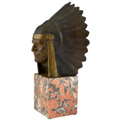 Vintage Art Deco Bronze Sculpture of an Indian with Headdress Georges Garreau, 1930