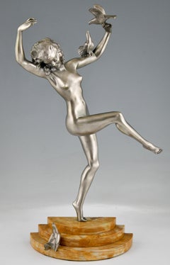 Art Deco Bronze Sculpture of Dancing Nude with Birds by Marcel Bouraine 1930