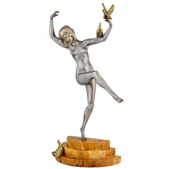 Art Deco Bronze Sculpture of Dancing Nude with Birds by Marcel Bouraine 1930