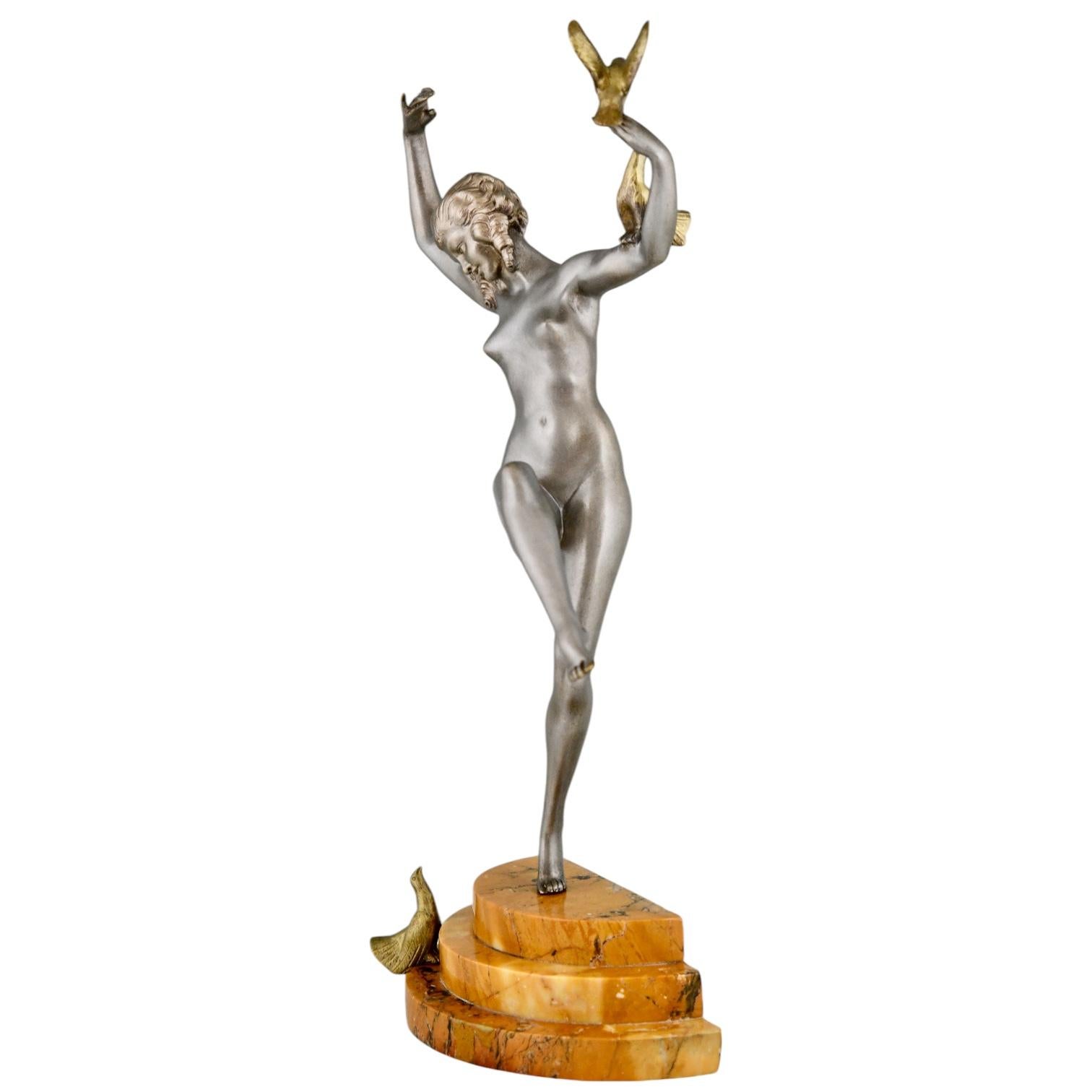 Patinated Art Deco Bronze Sculpture of Dancing Nude with Birds by Marcel Bouraine 1930 For Sale