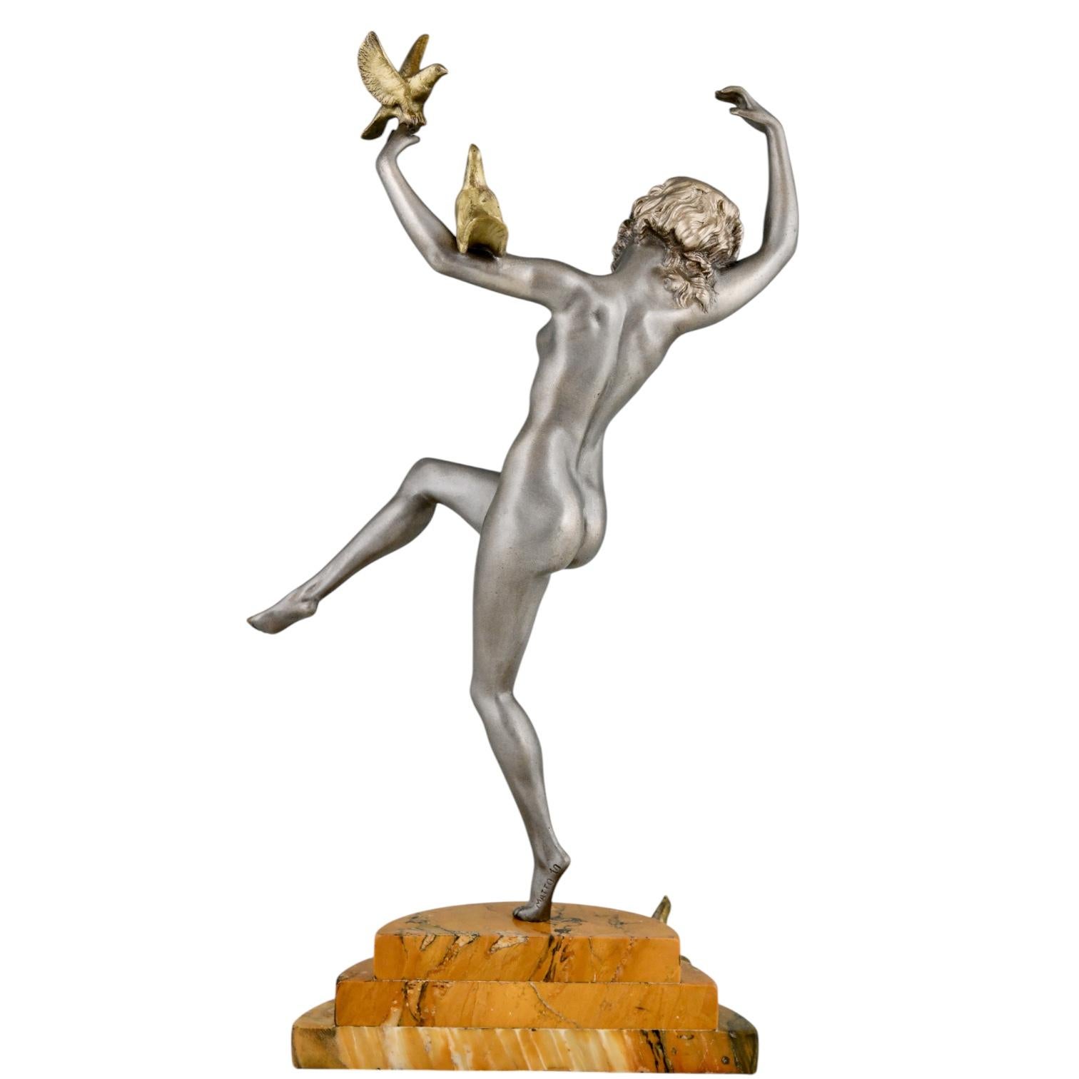 Mid-20th Century Art Deco Bronze Sculpture of Dancing Nude with Birds by Marcel Bouraine 1930 For Sale