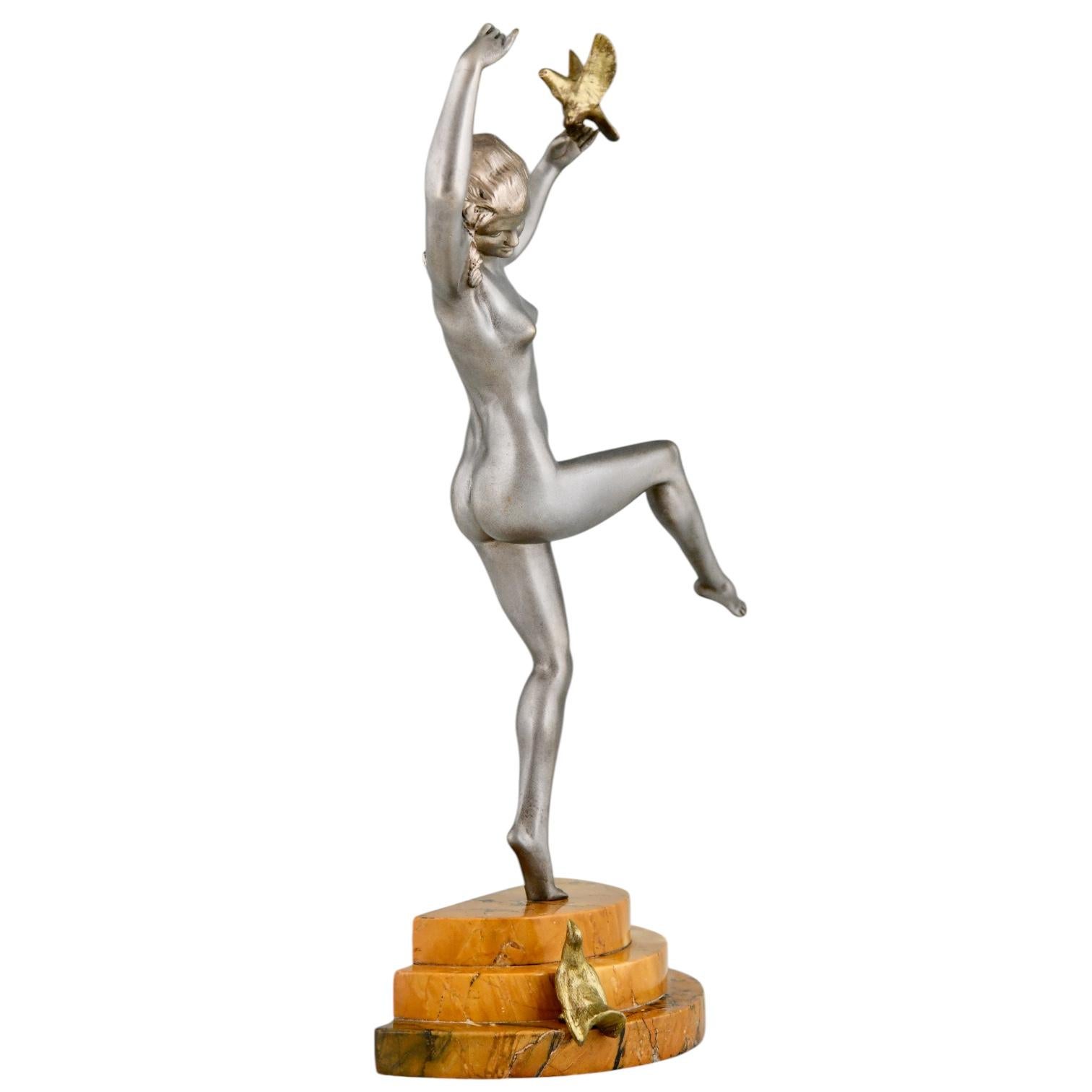 Art Deco Bronze Sculpture of Dancing Nude with Birds by Marcel Bouraine 1930 For Sale 1