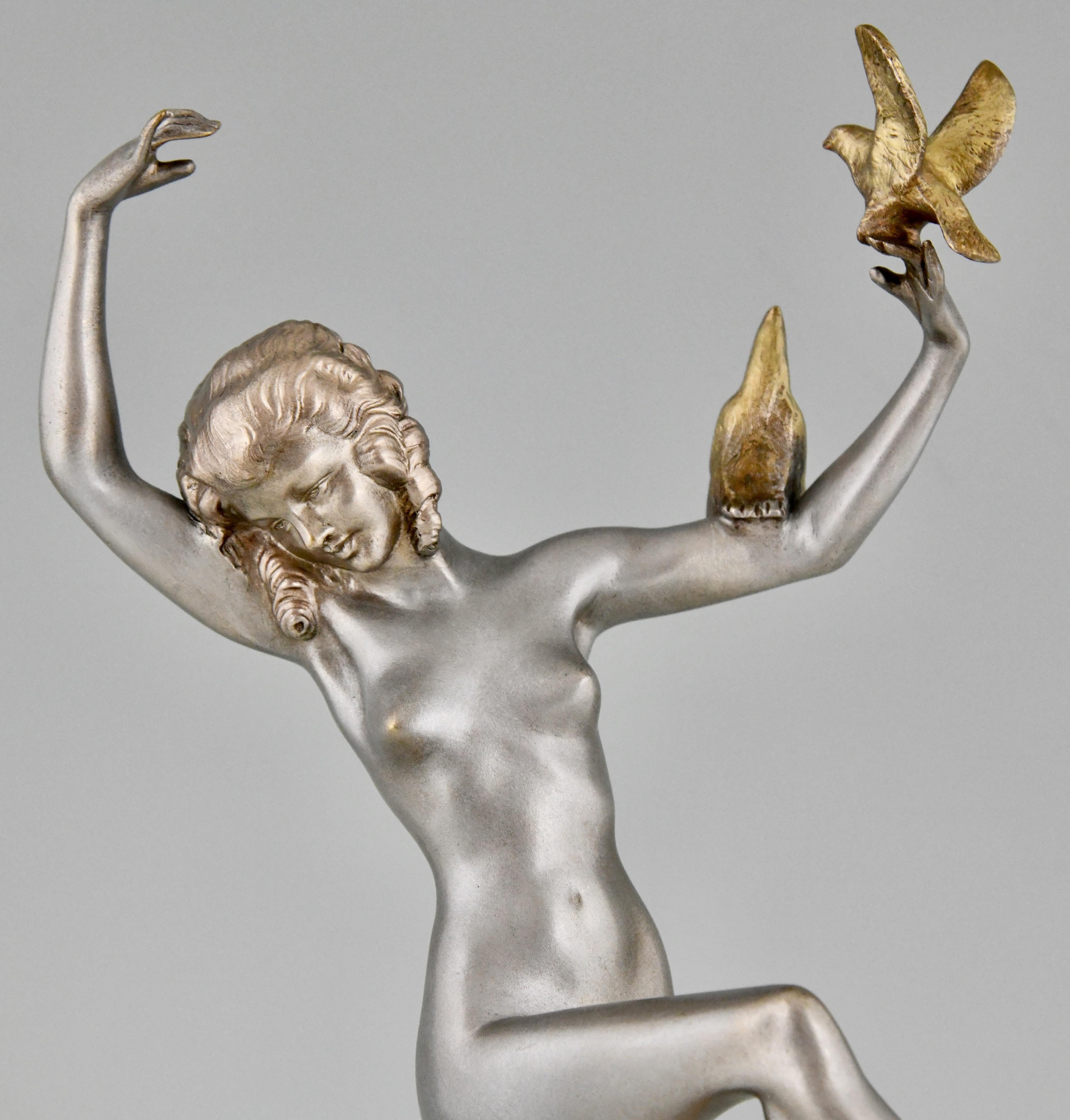 Art Deco Bronze Sculpture of Dancing Nude with Birds by Marcel Bouraine 1930 For Sale 3