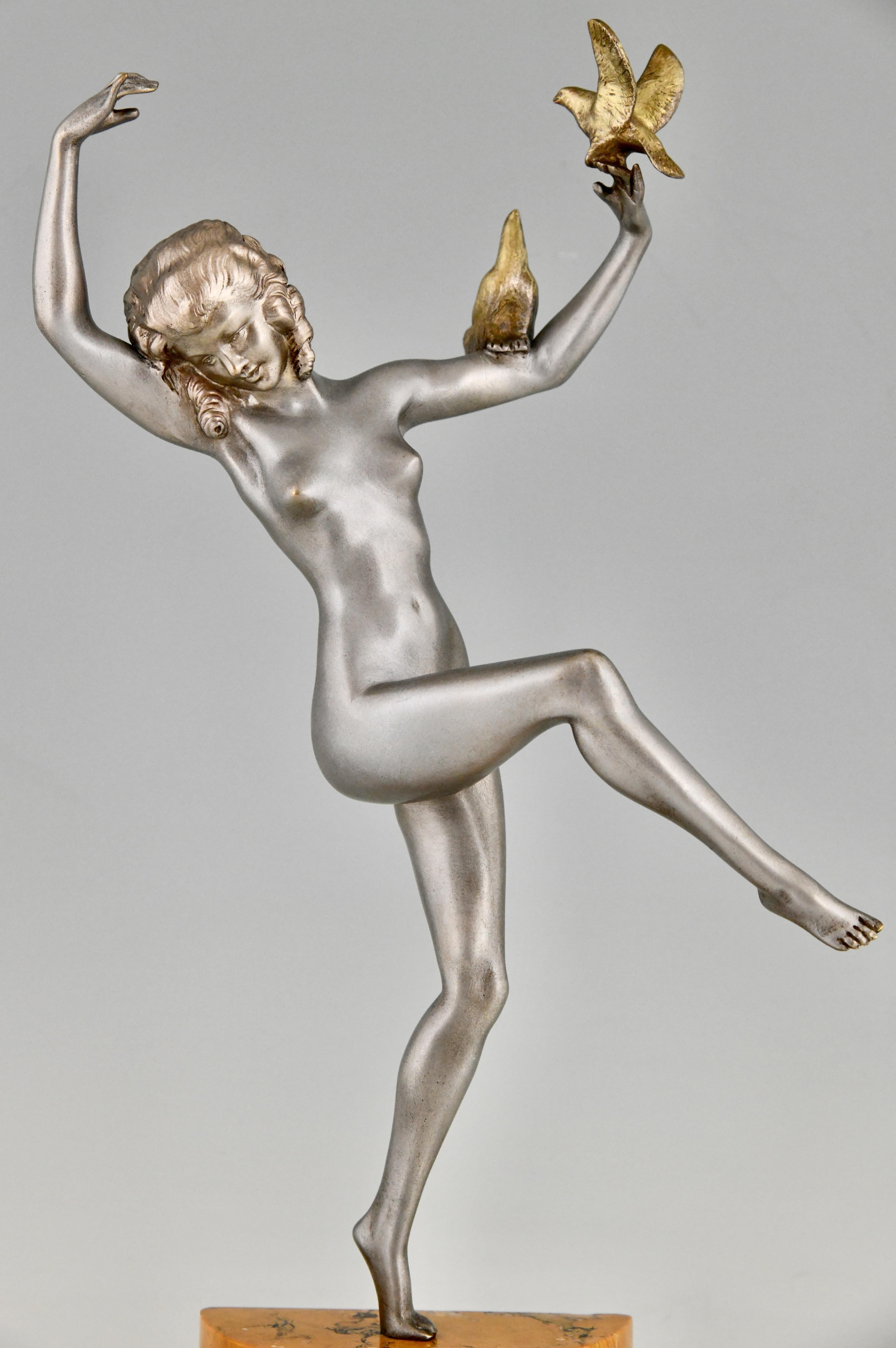 Art Deco Bronze Sculpture of Dancing Nude with Birds by Marcel Bouraine 1930 For Sale 4