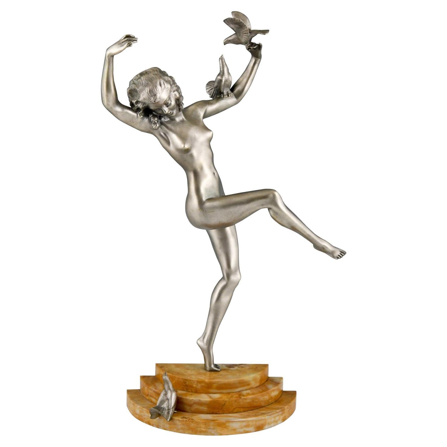 Art Deco Bronze Sculpture of Dancing Nude with Birds by Marcel Bouraine 1930