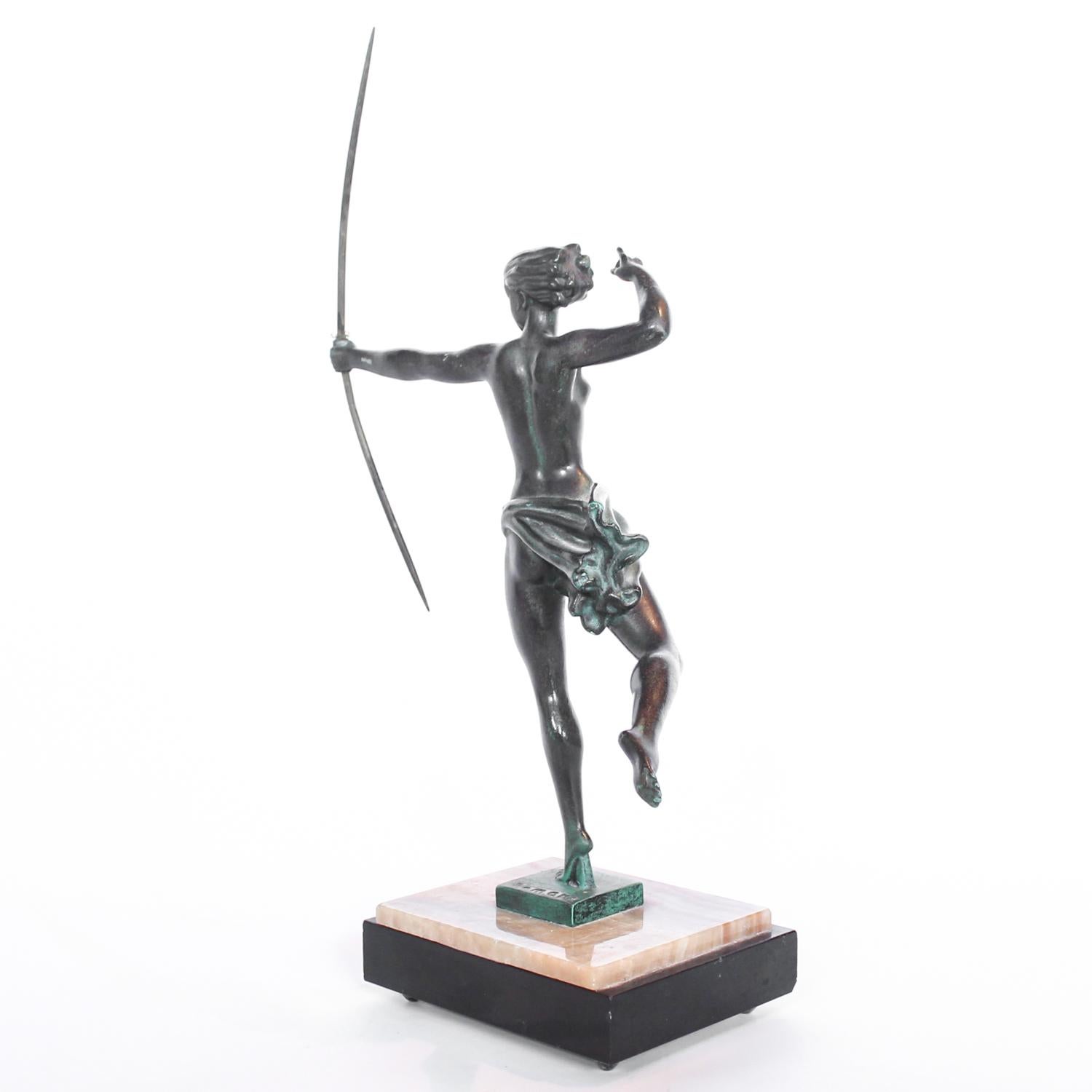 French Art Deco Bronze Sculpture of Diana the Huntress Signed 