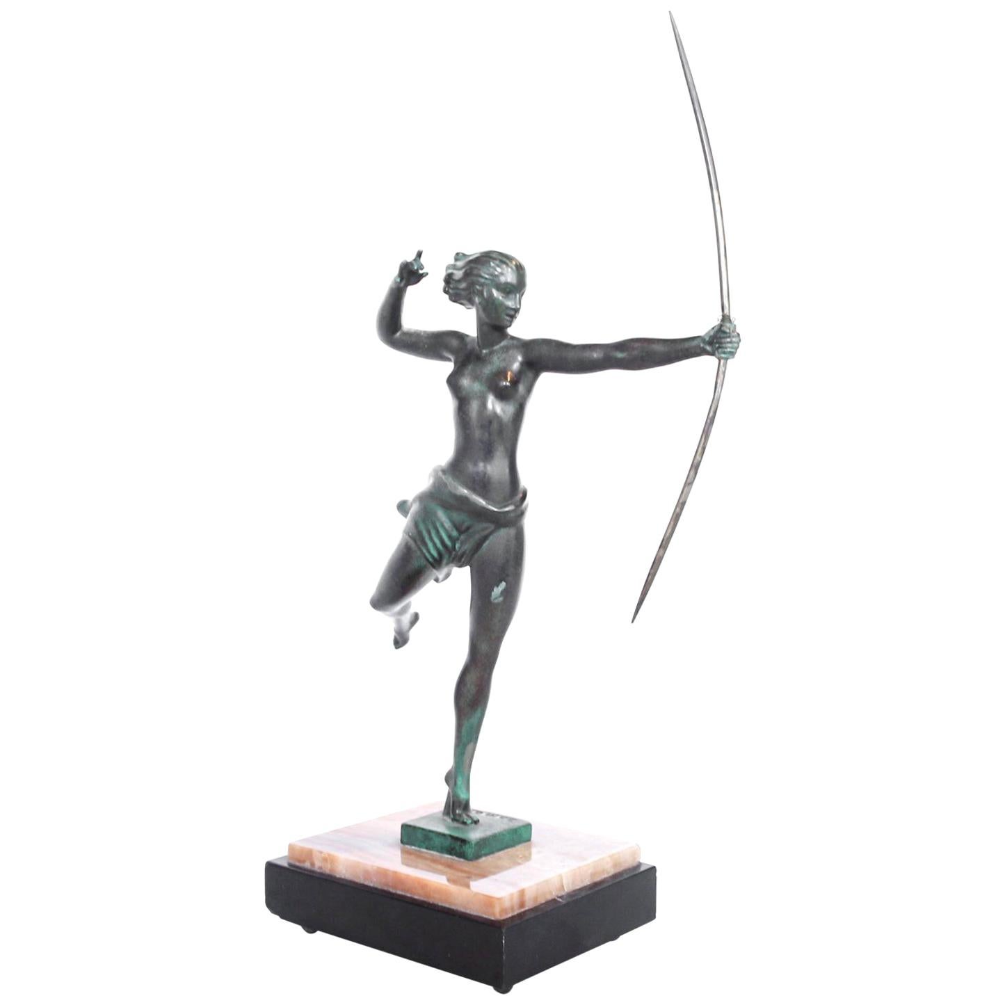 Art Deco Bronze Sculpture of Diana the Huntress Signed "Domaro"