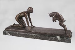 Scultura in bronzo Art Déco di ragazza e capra di Paul Silvestre per Susse Frères