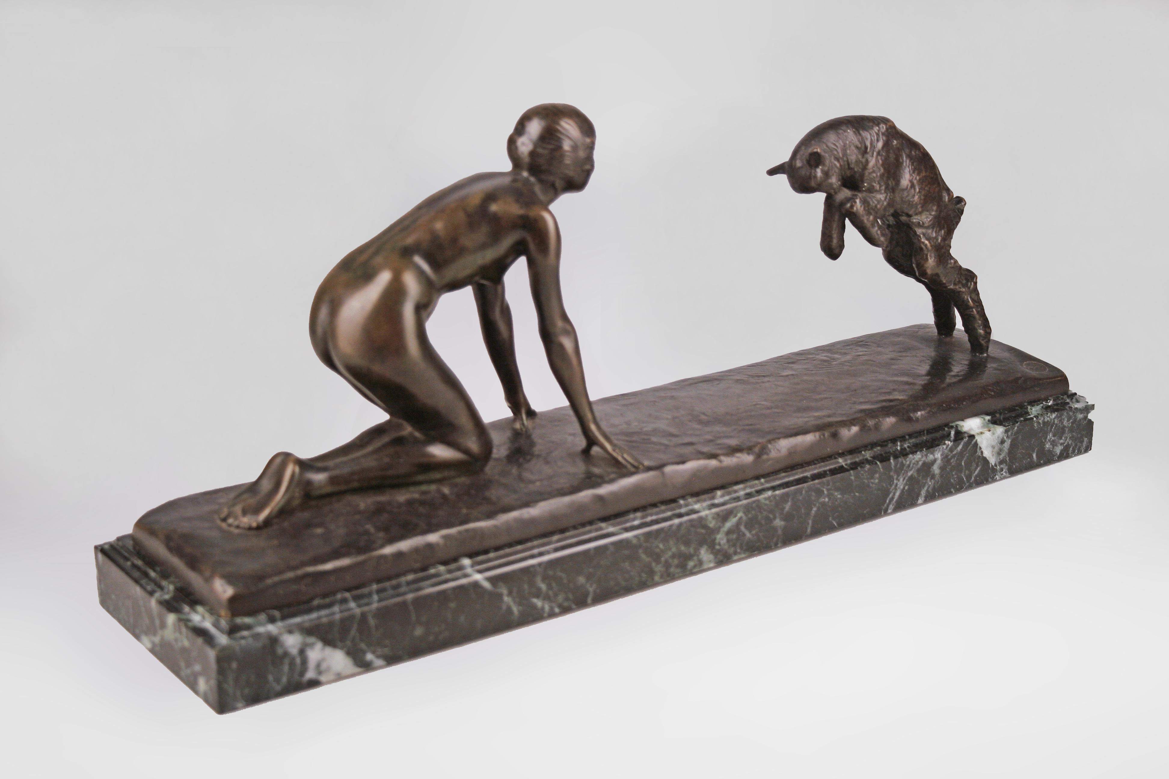 Art Deco Art Déco Bronze Sculpture of Girl and Goat by Paul Silvestre for Susse Frères For Sale