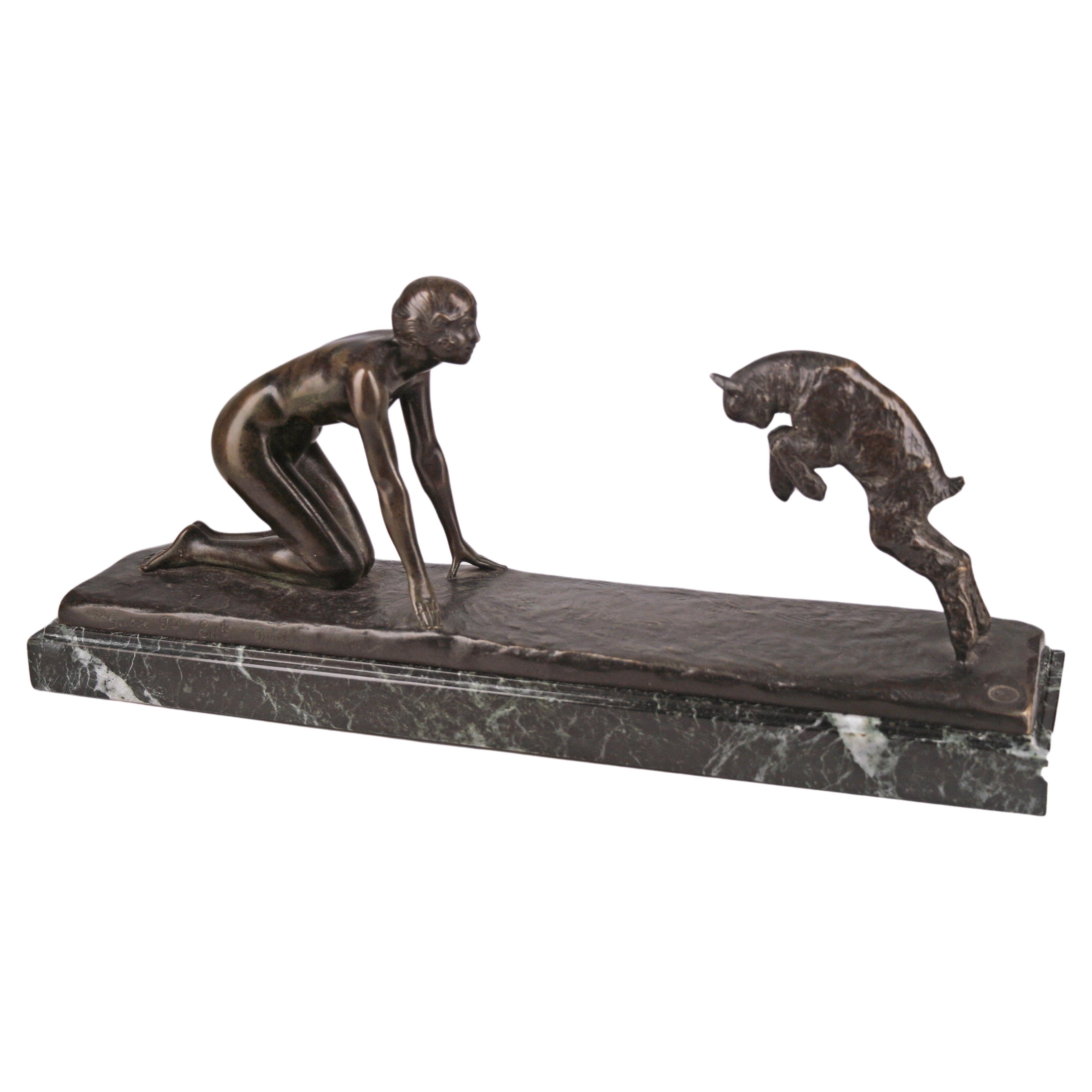 Sculpture en bronze Art Déco représentant une jeune fille et une chèvre par Paul Silvestre pour Susse Frères