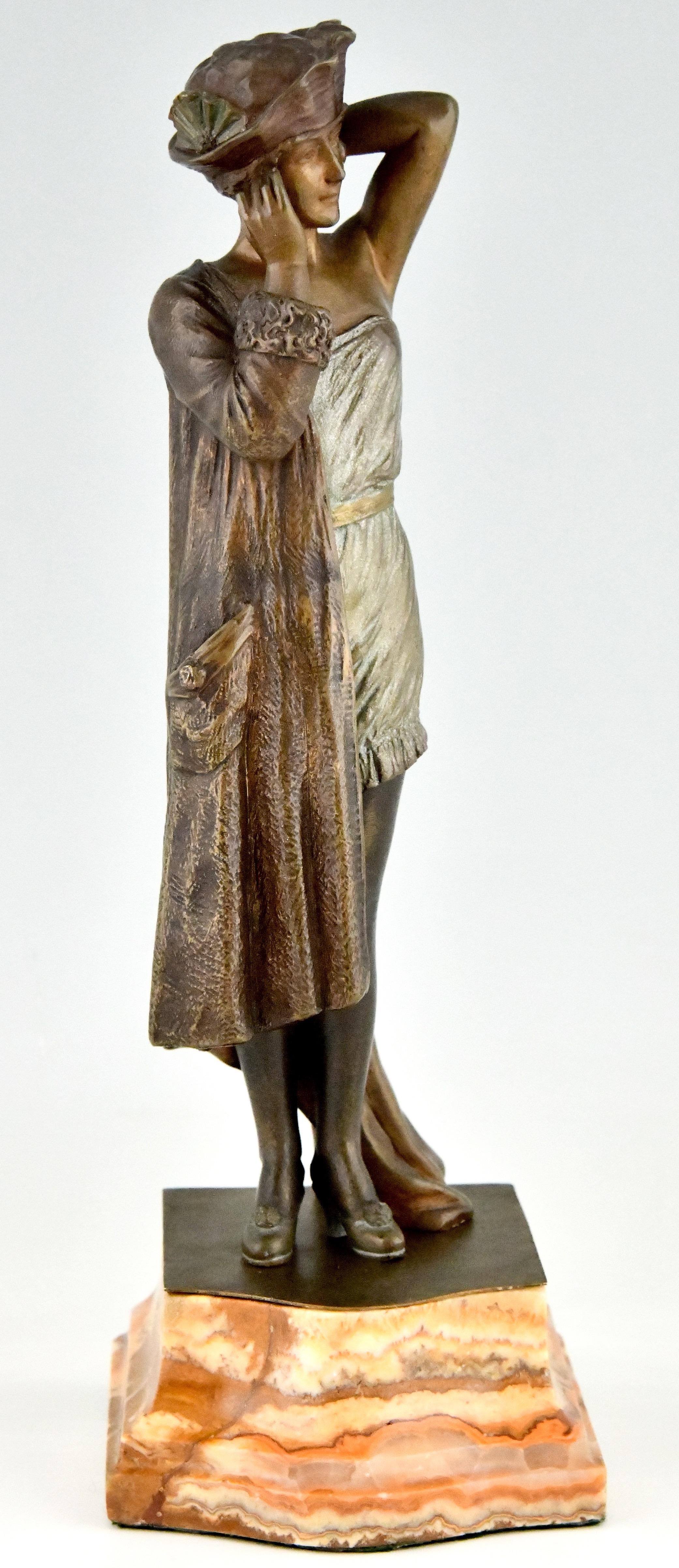 Mid-20th Century Art Deco Bronze Sculpture of Lady with Hat by Joanny Durand France 1930