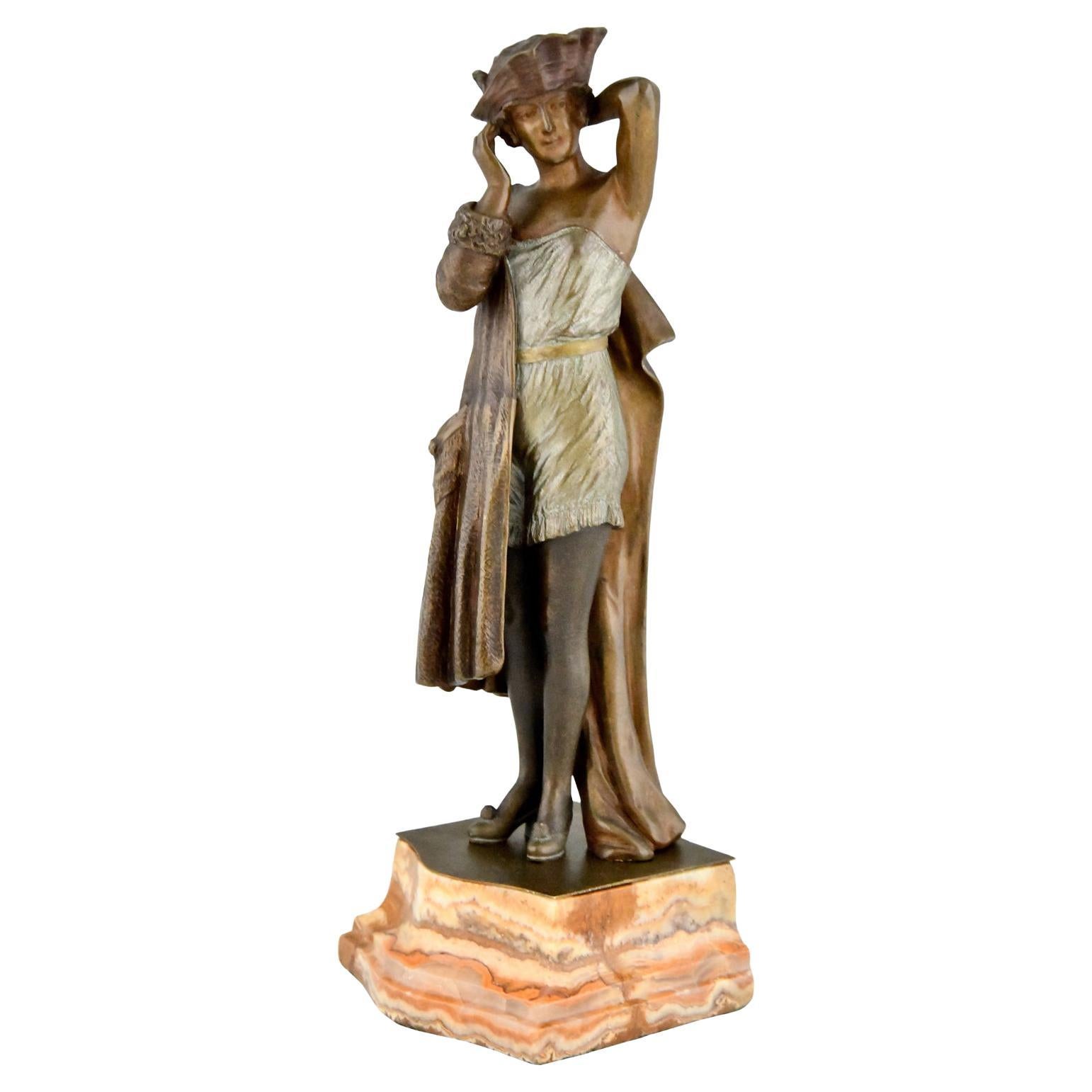 Art Deco Bronze Sculpture of Lady with Hat by Joanny Durand France 1930