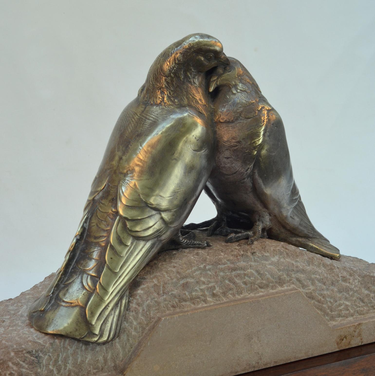Hand-Carved Art Deco Bronze Sculpture of Pair of Doves by Pierre Alexandre Morlon