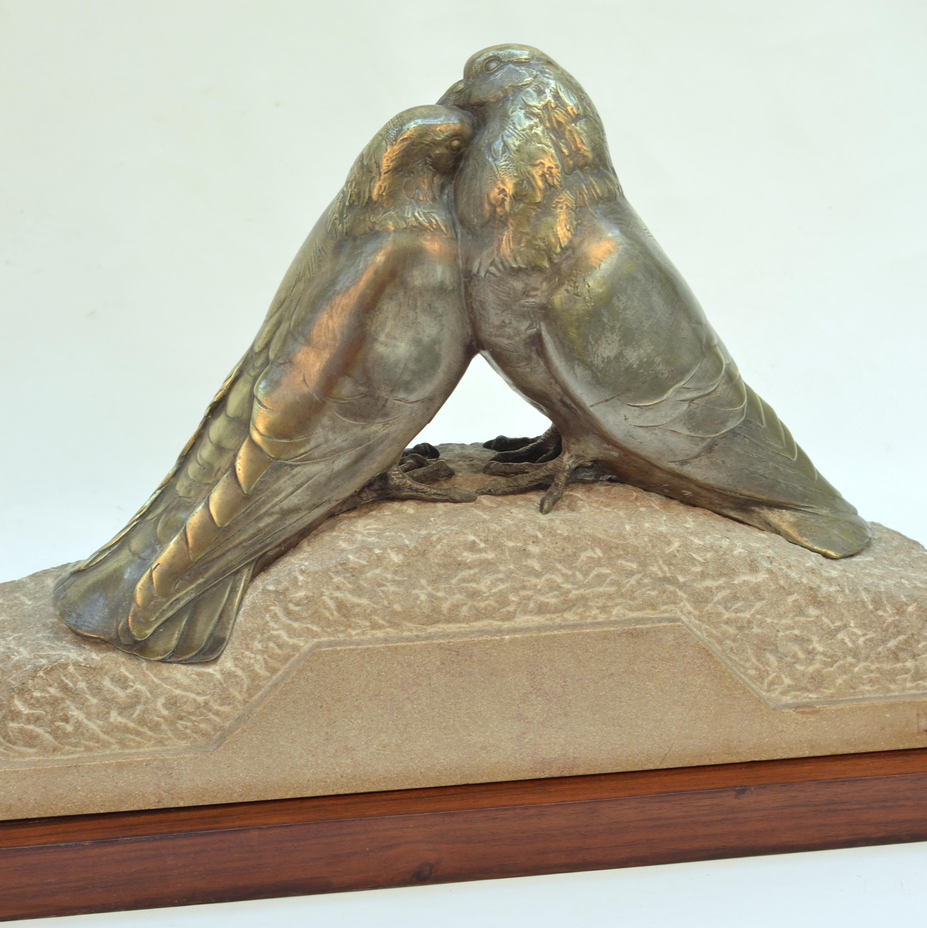 Mid-20th Century Art Deco Bronze Sculpture of Pair of Doves by Pierre Alexandre Morlon