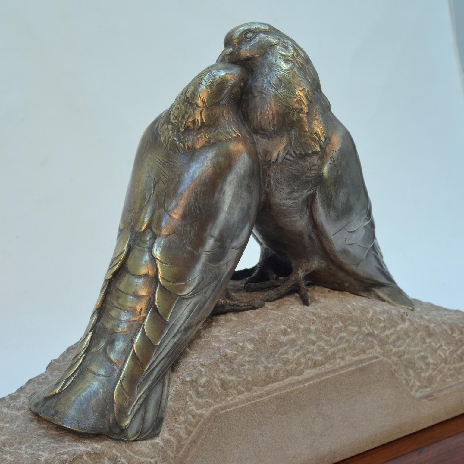 Mahogany Art Deco Bronze Sculpture of Pair of Doves by Pierre Alexandre Morlon
