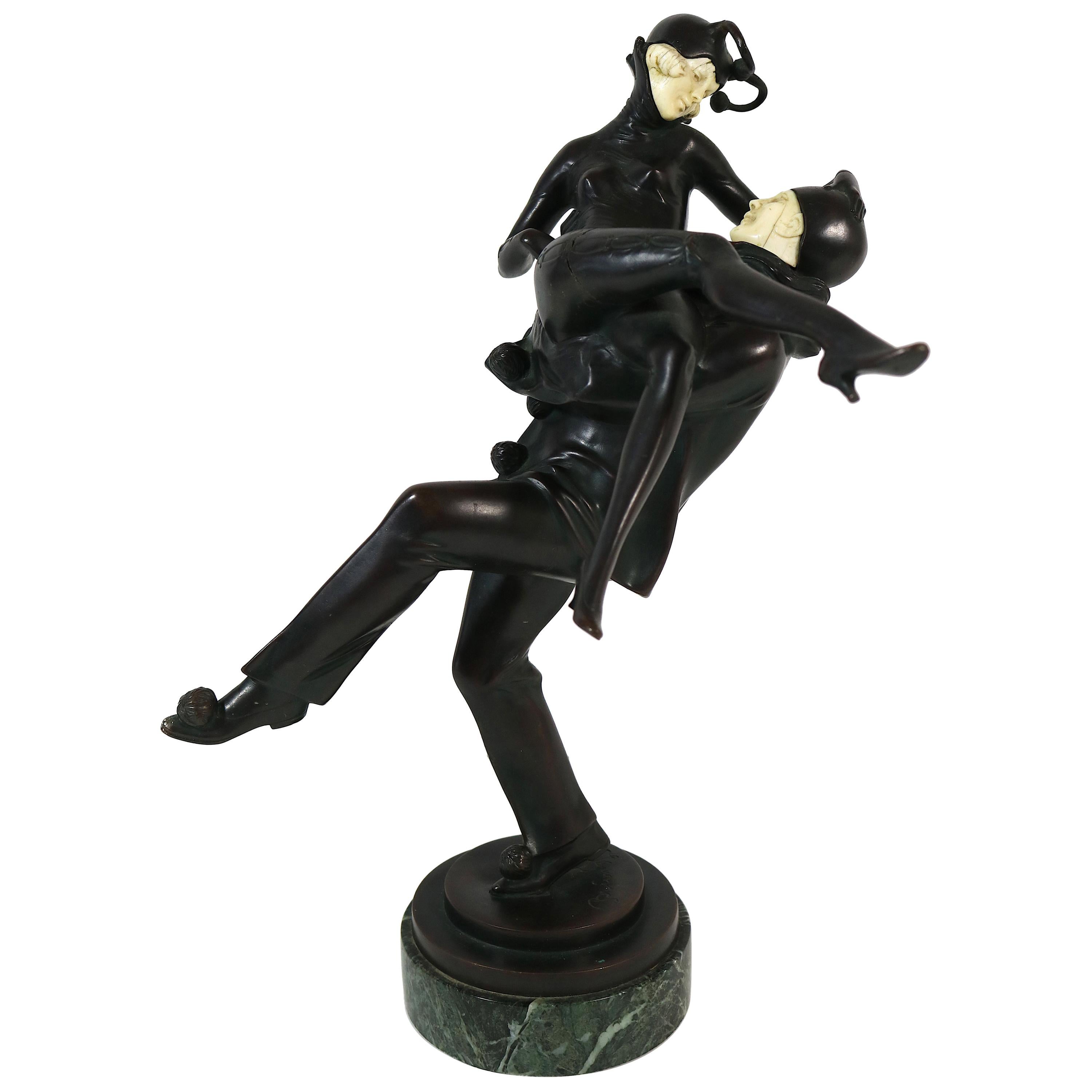 Art Deco Bronze Sculpture of Pierrot and Pierette after Bruno Zach, signed For Sale