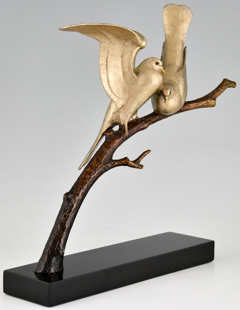 French Art Deco Bronze Sculpture of Two Birds on a Branch Andre Vincent Becquerel, 1925