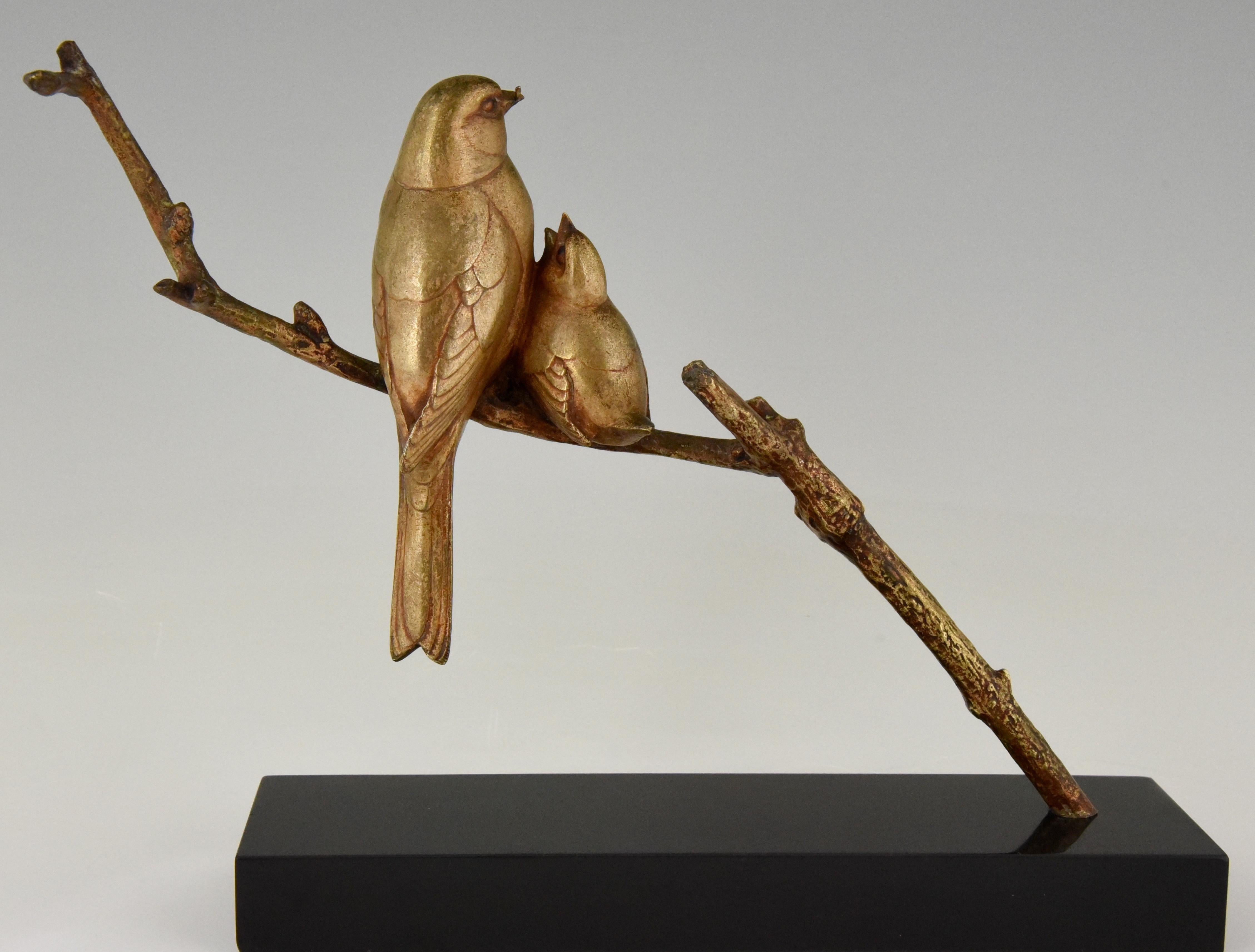 Patinated Art Deco Bronze Sculpture of Two Birds on a Branch Andre Vincent Becquerel, 1925