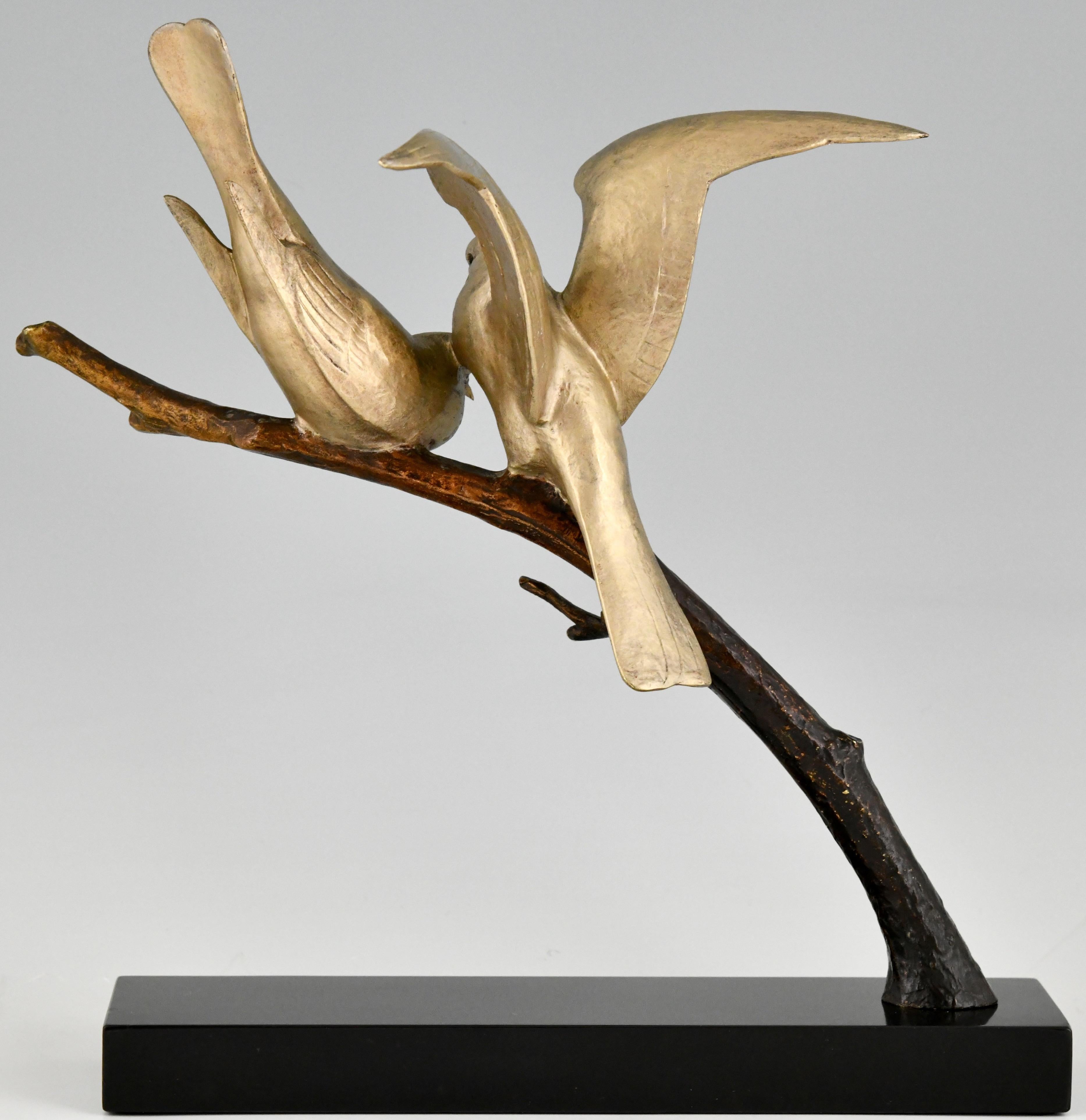 Early 20th Century Art Deco Bronze Sculpture of Two Birds on a Branch Andre Vincent Becquerel, 1925