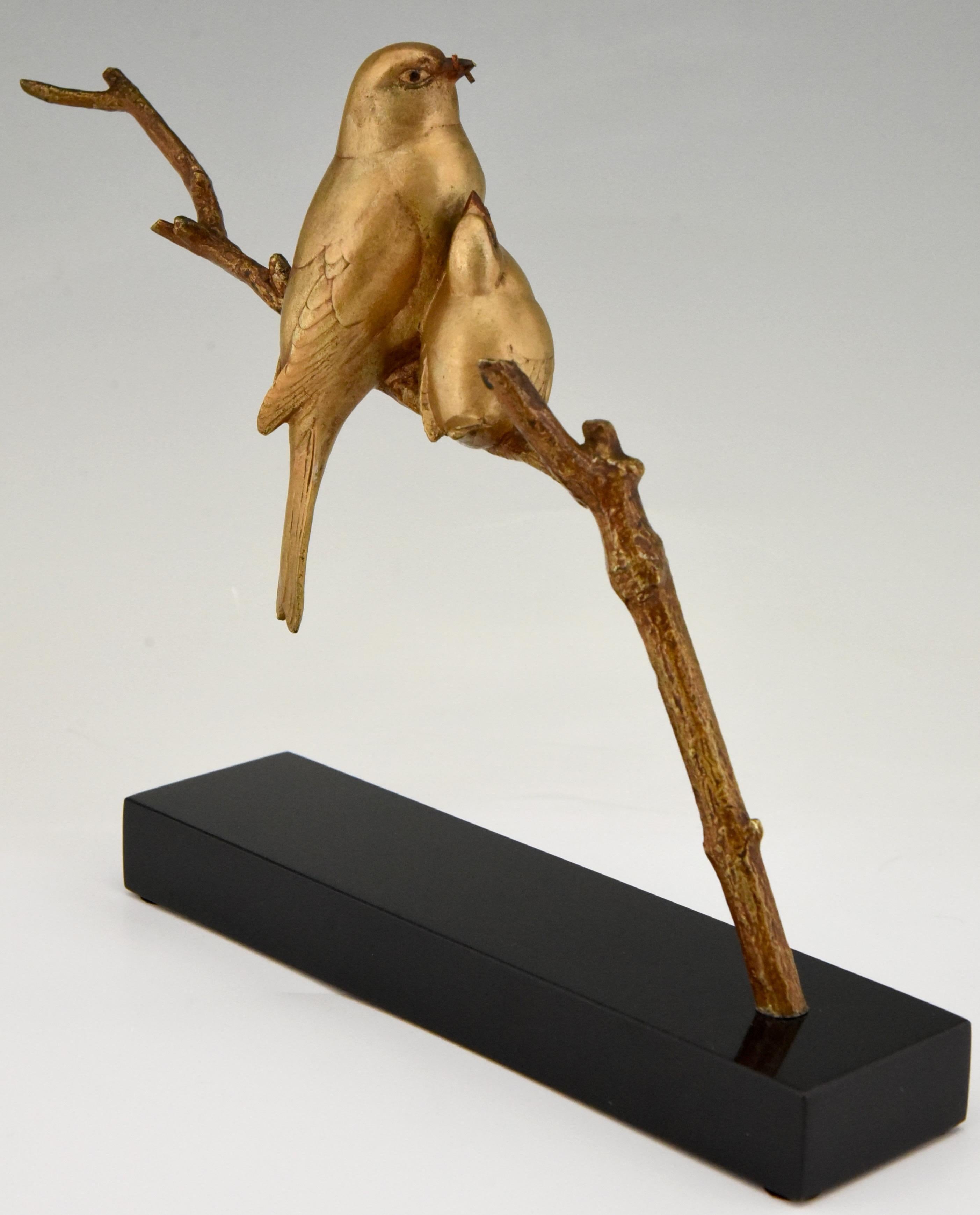 Patinated Art Deco Bronze Sculpture of Two Birds on a Branch Andre Vincent Becquerel, 1930