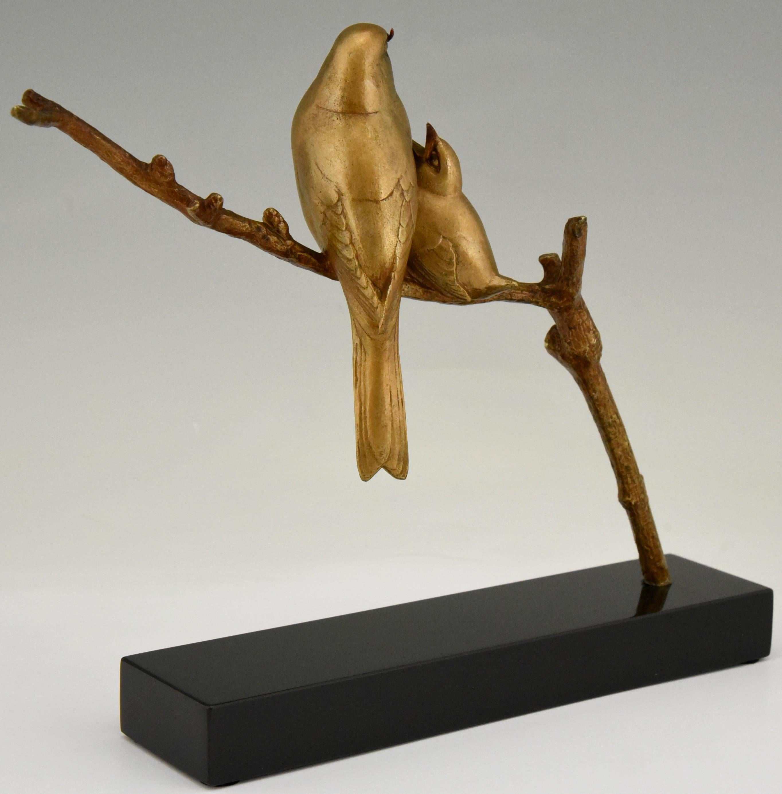 Mid-20th Century Art Deco Bronze Sculpture of Two Birds on a Branch Andre Vincent Becquerel, 1930