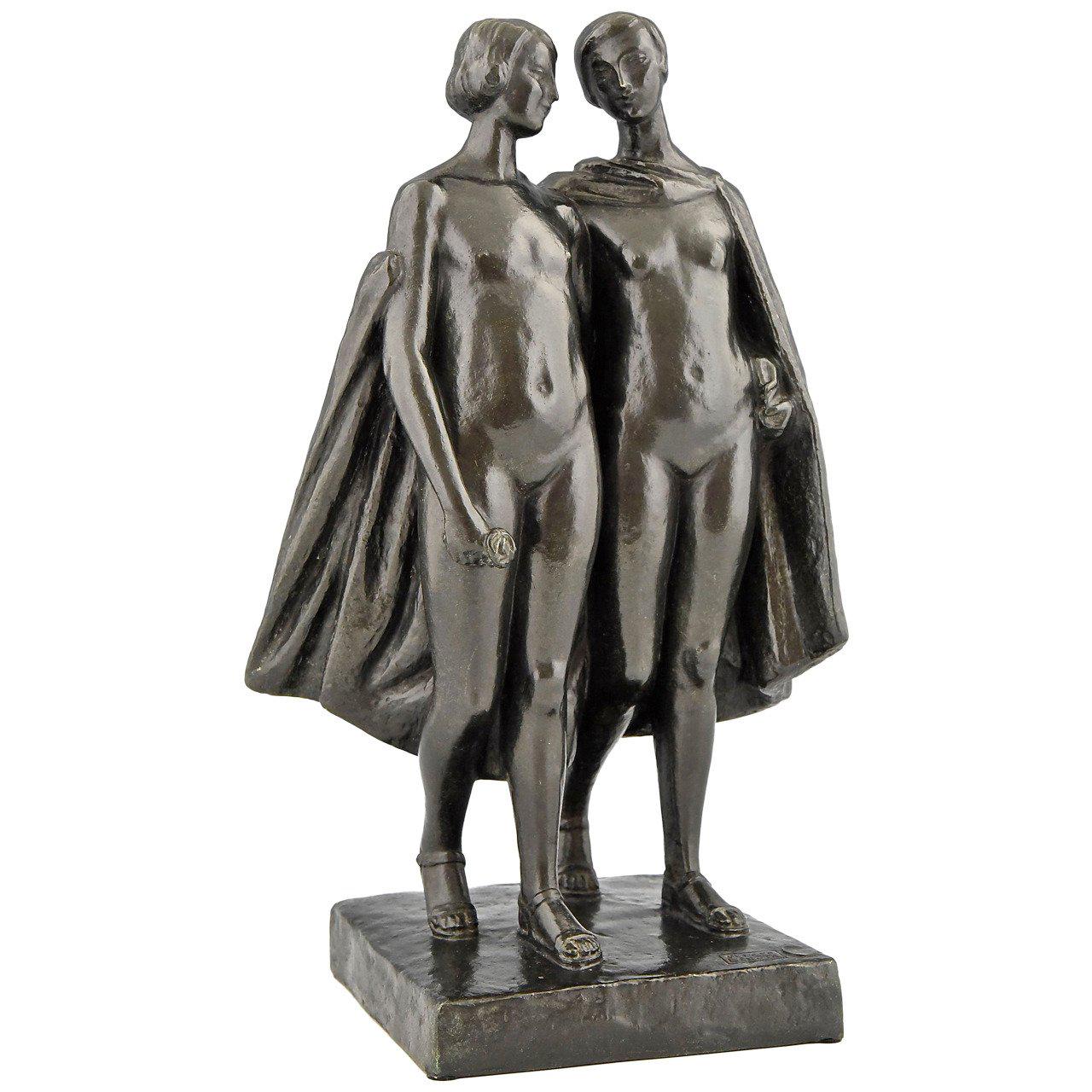 Art Deco Bronze Sculpture of Two Nudes by Pierre Lenoir, 1930, France