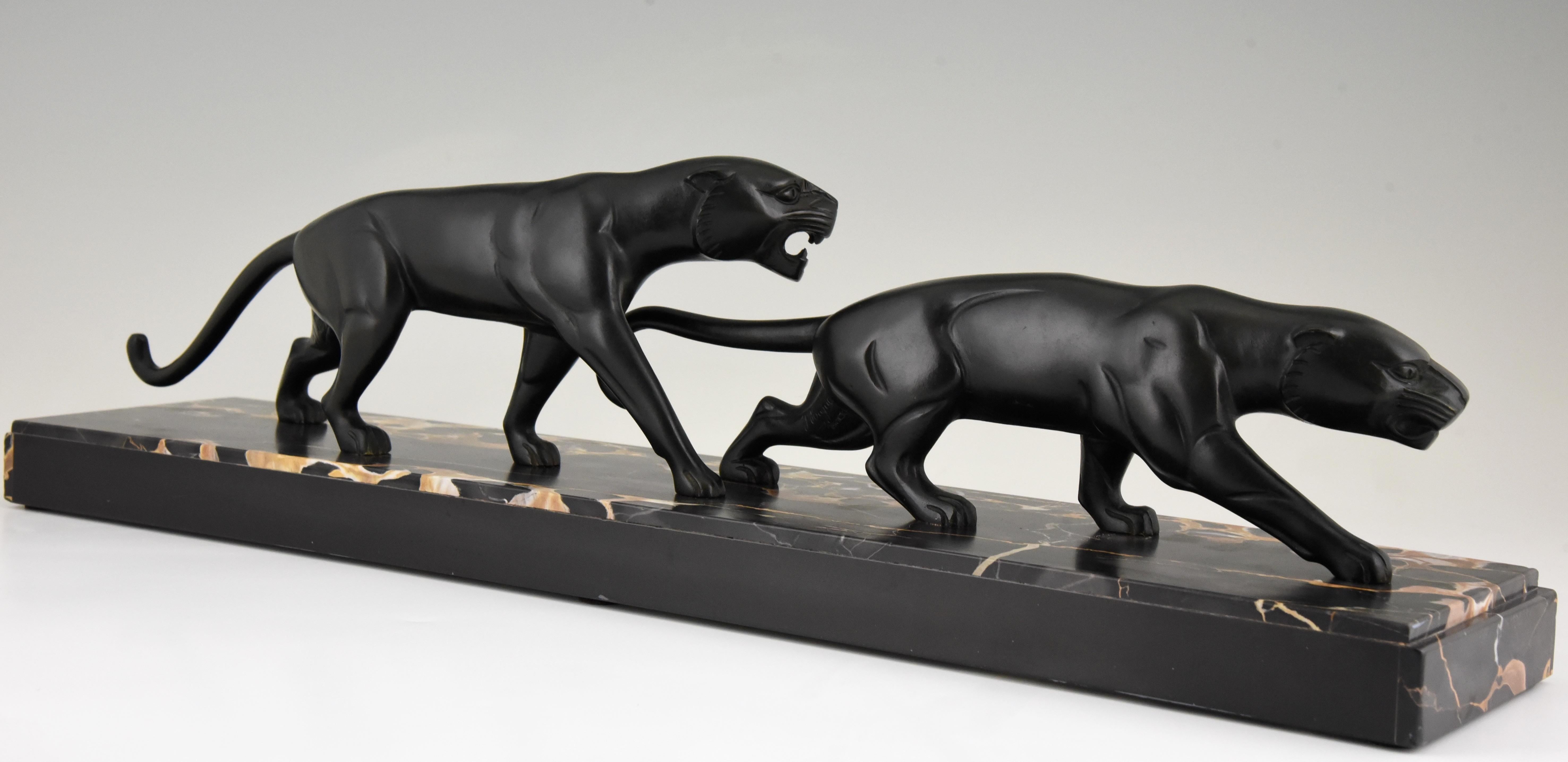 Patinated Art Deco Bronze Sculpture of Two Panthers Dominique Jean Baptiste Hugues