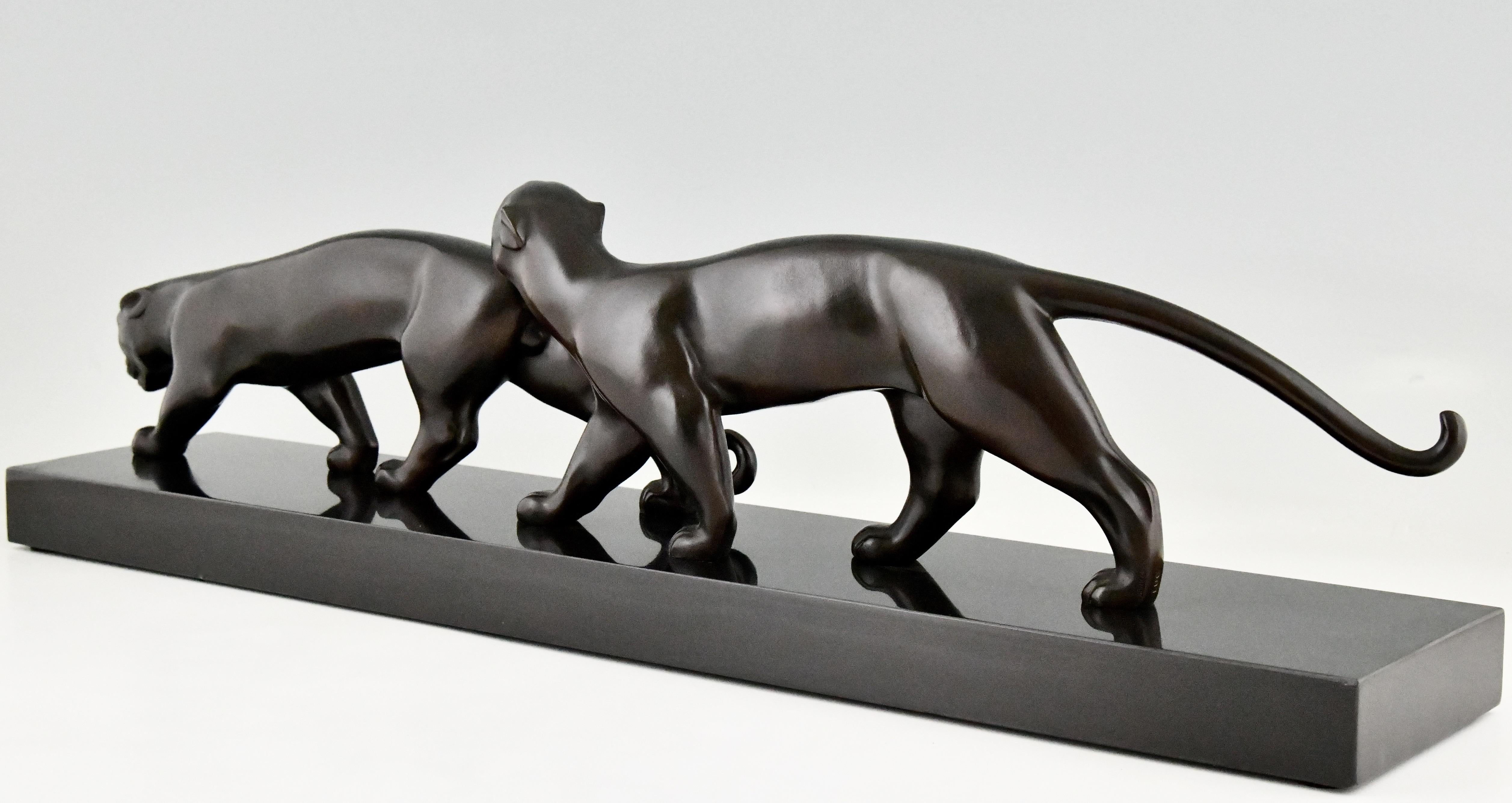 French Art Deco Bronze Sculpture of Two Panthers Lucien Alliot France 1925