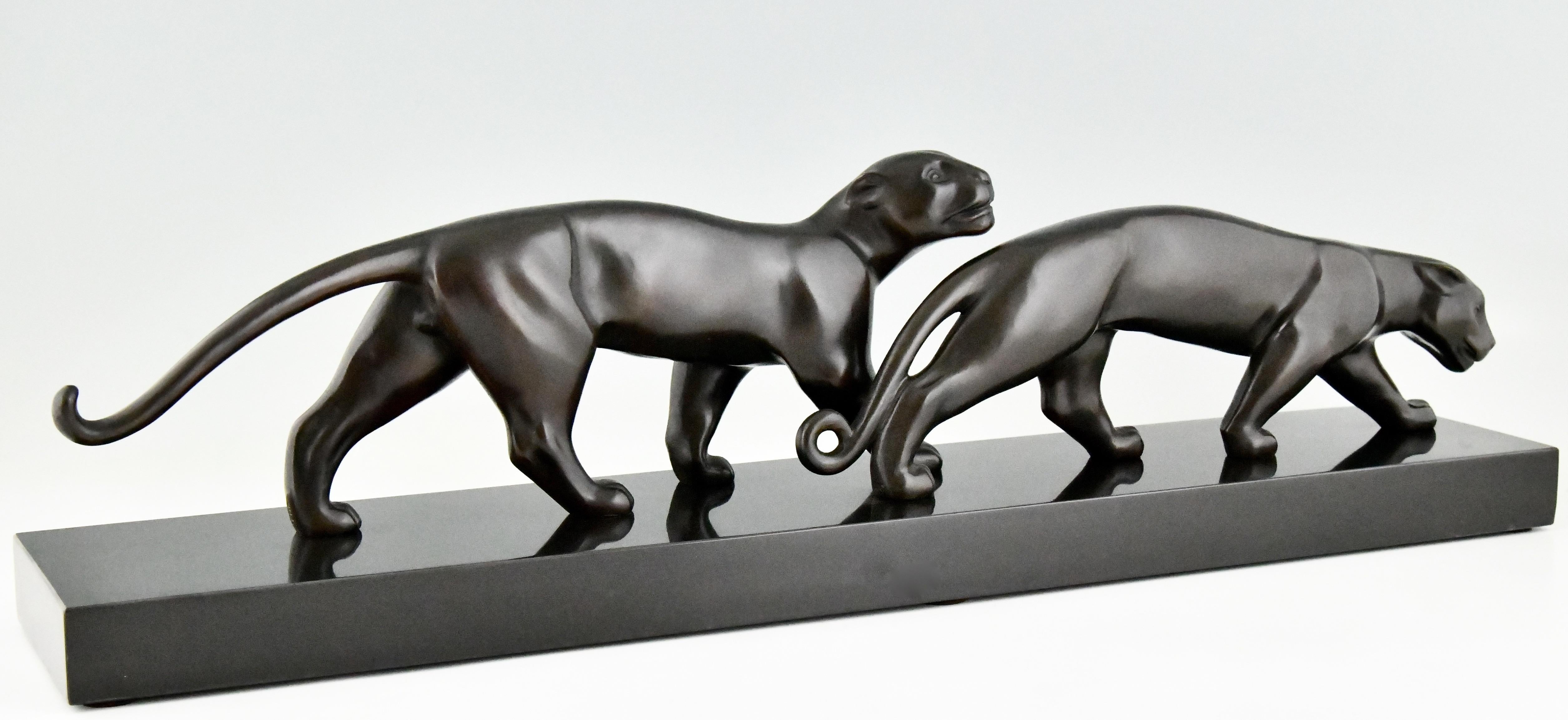 Early 20th Century Art Deco Bronze Sculpture of Two Panthers Lucien Alliot France 1925