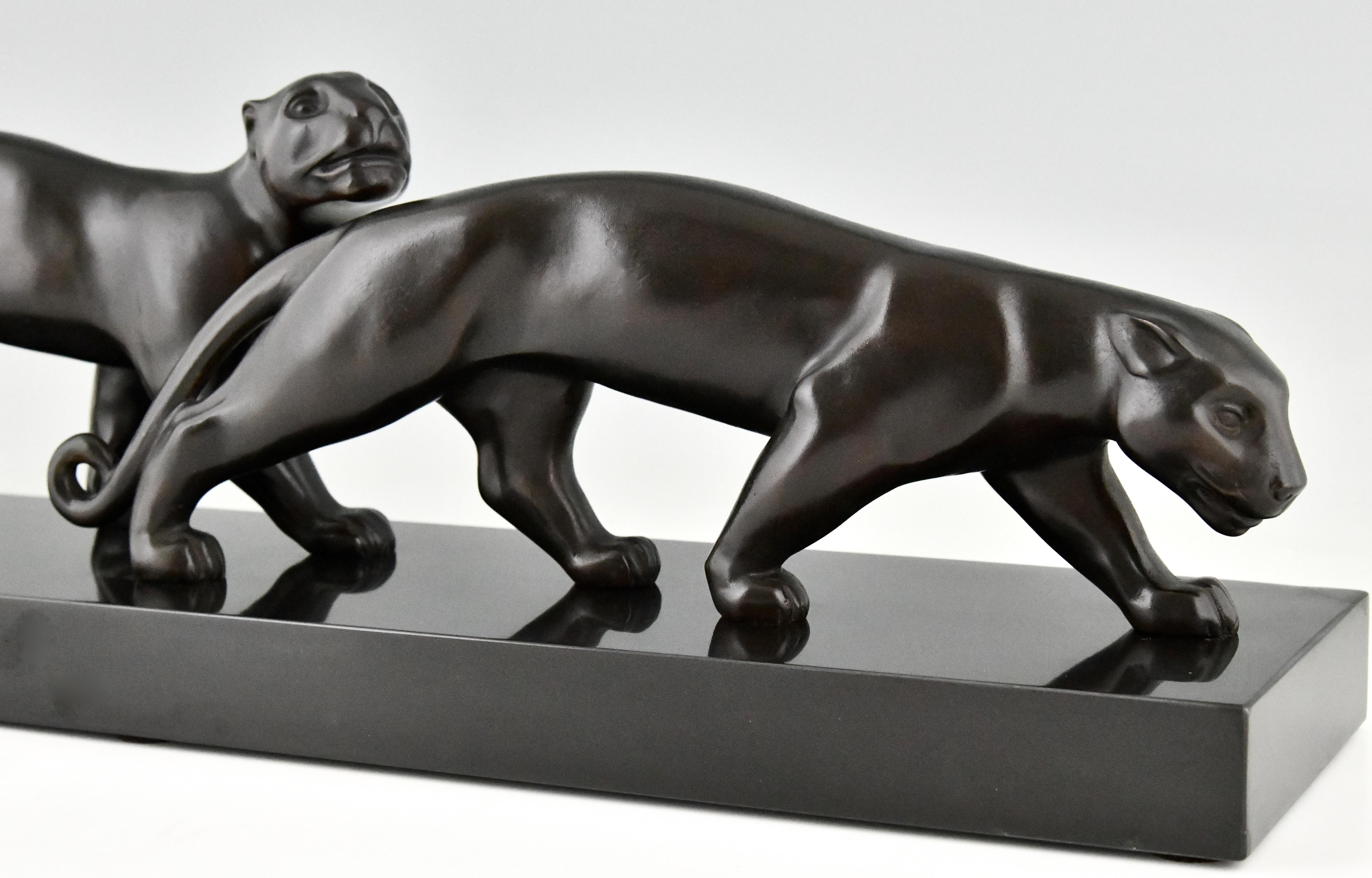 Art Deco Bronze Sculpture of Two Panthers Lucien Alliot France 1925 1