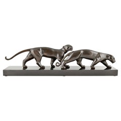 Art Deco Bronze Sculpture of Two Panthers Lucien Alliot France 1925