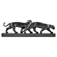 Art Deco bronze sculpture of two panthers Lucien Alliot France 1930