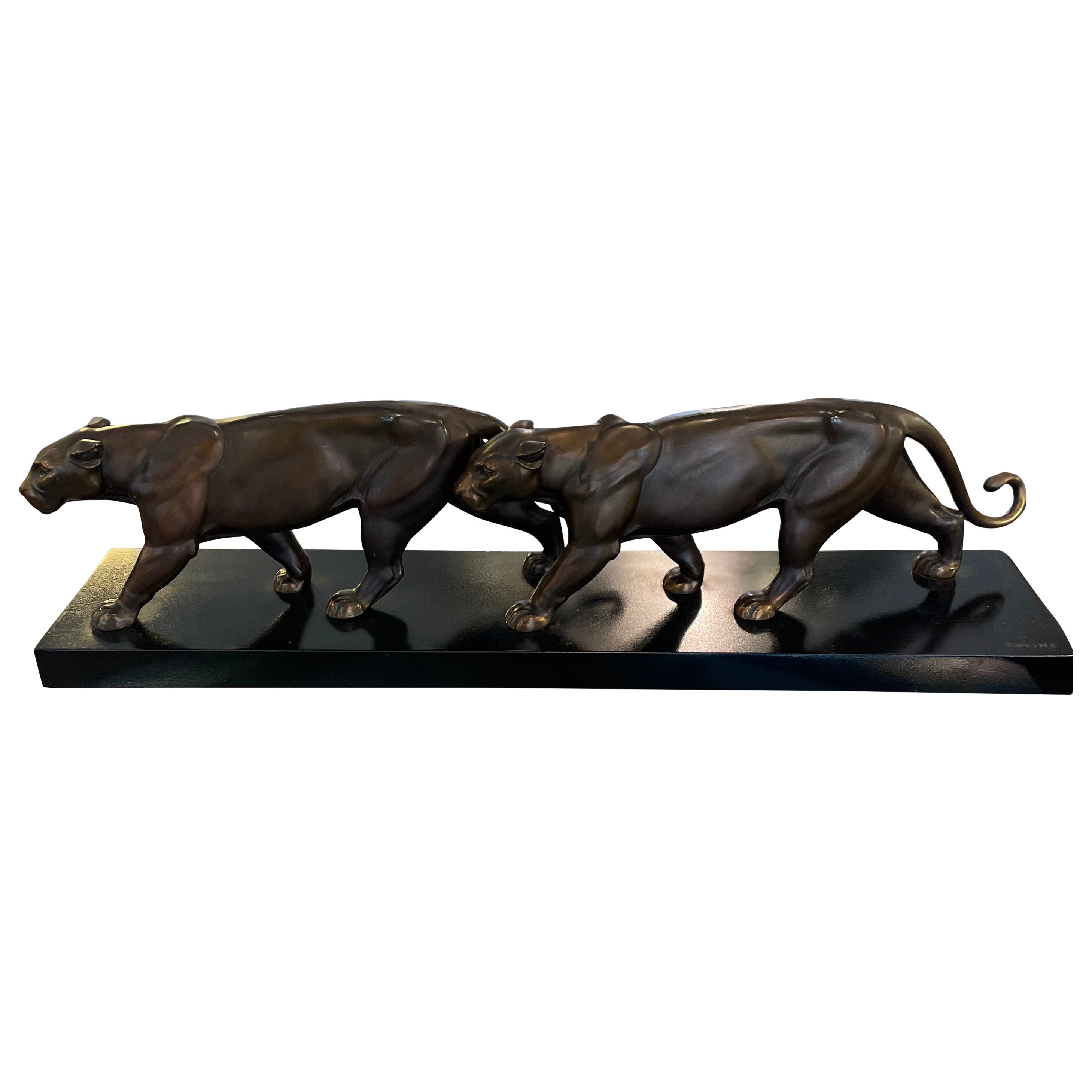 Art Deco Bronze Sculpture of Two Panthers on a Black Marble Base