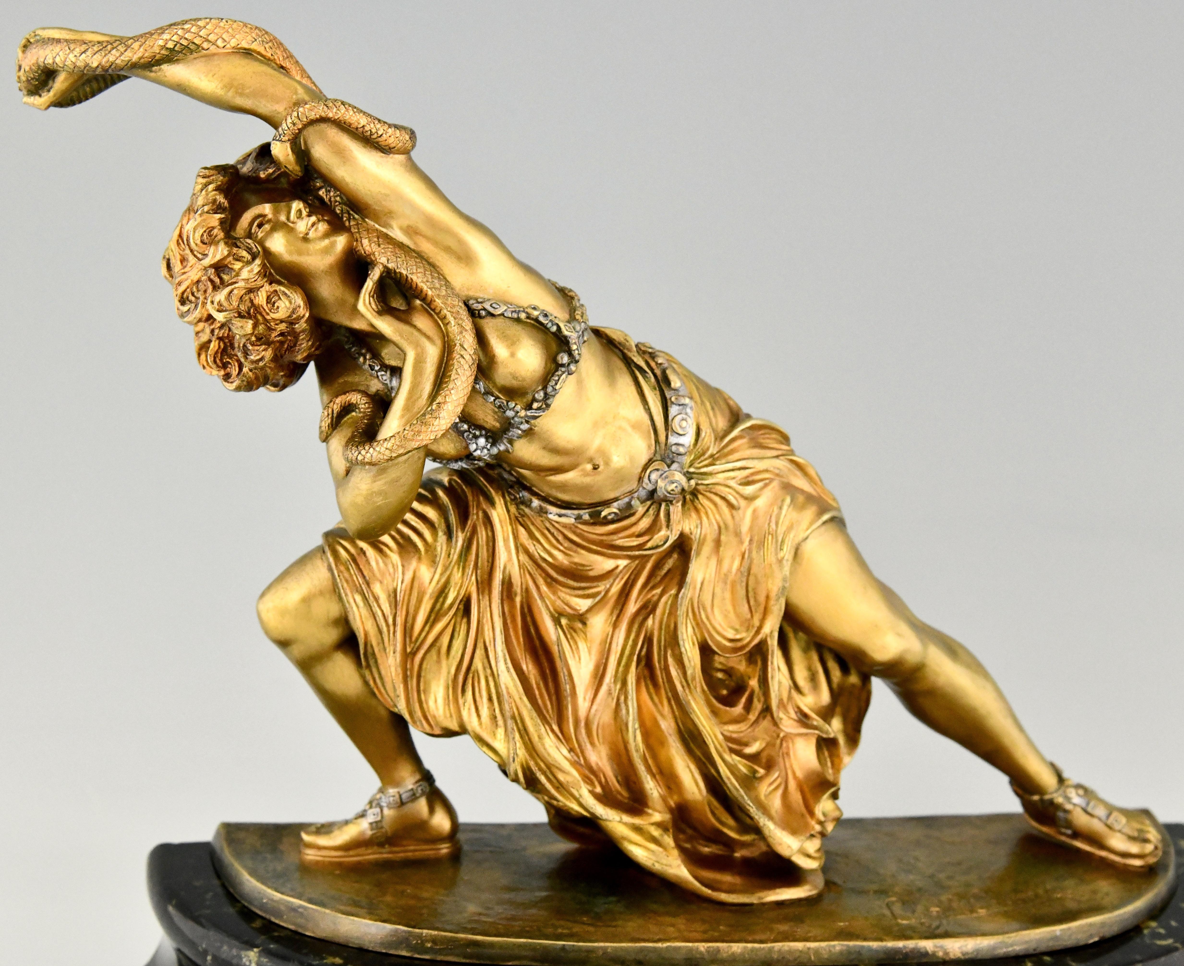 Early 20th Century Art Deco Bronze Sculpture Oriental Dancer with Snake Carthage by Colinet, 1925