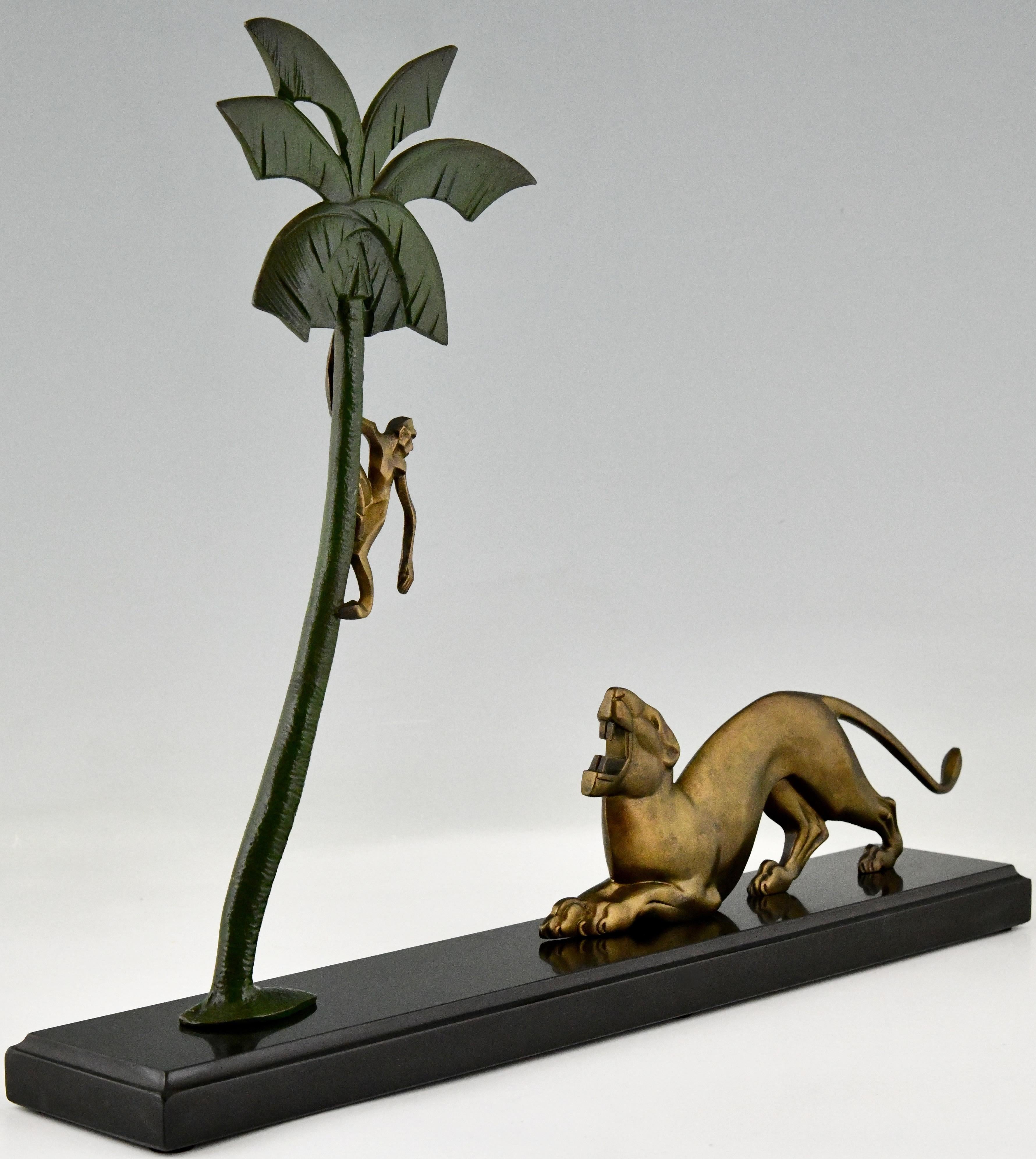 French Art Deco Bronze Sculpture Panther and Monkey by Berjean, France, 1930