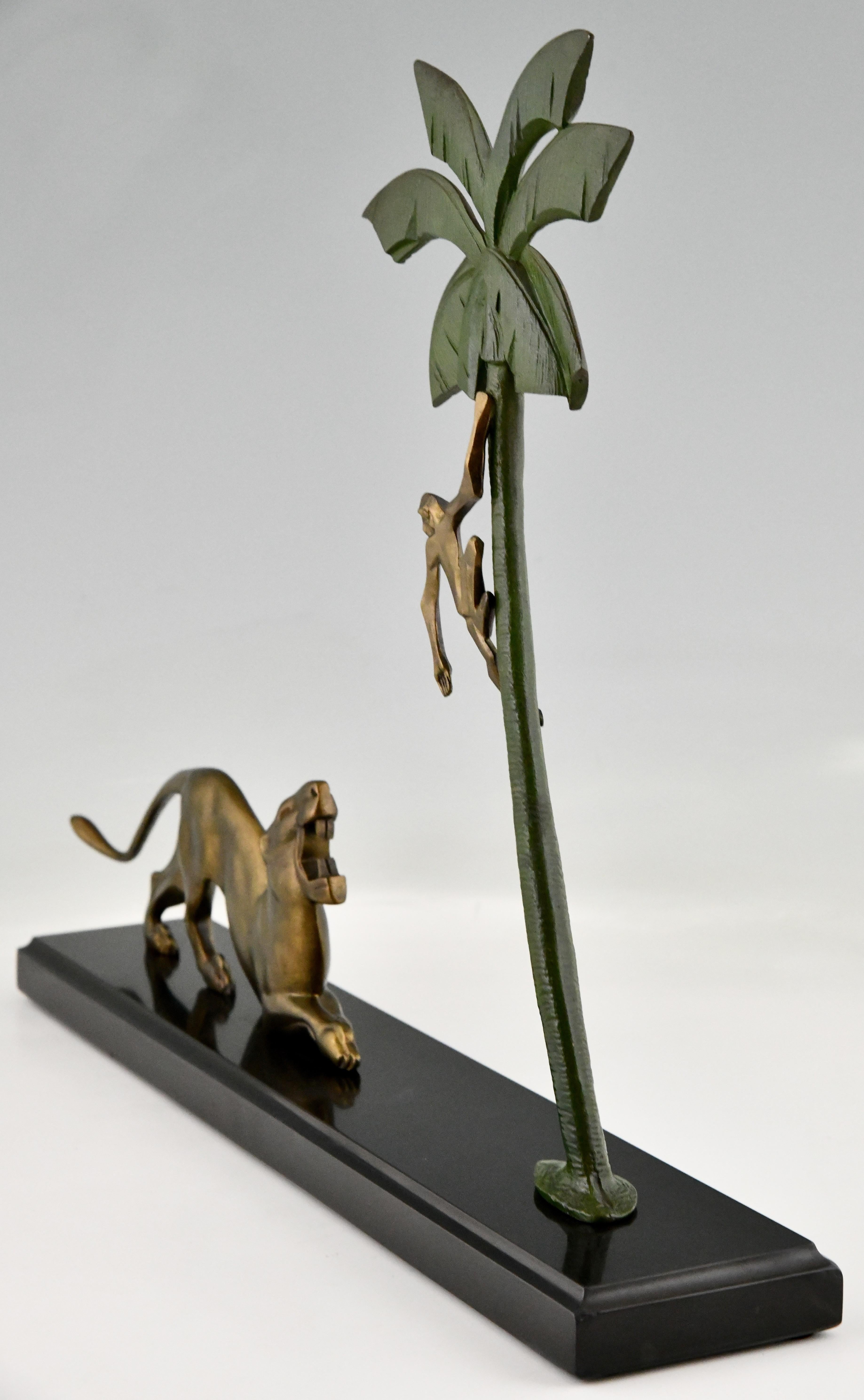 Patinated Art Deco Bronze Sculpture Panther and Monkey by Berjean, France, 1930