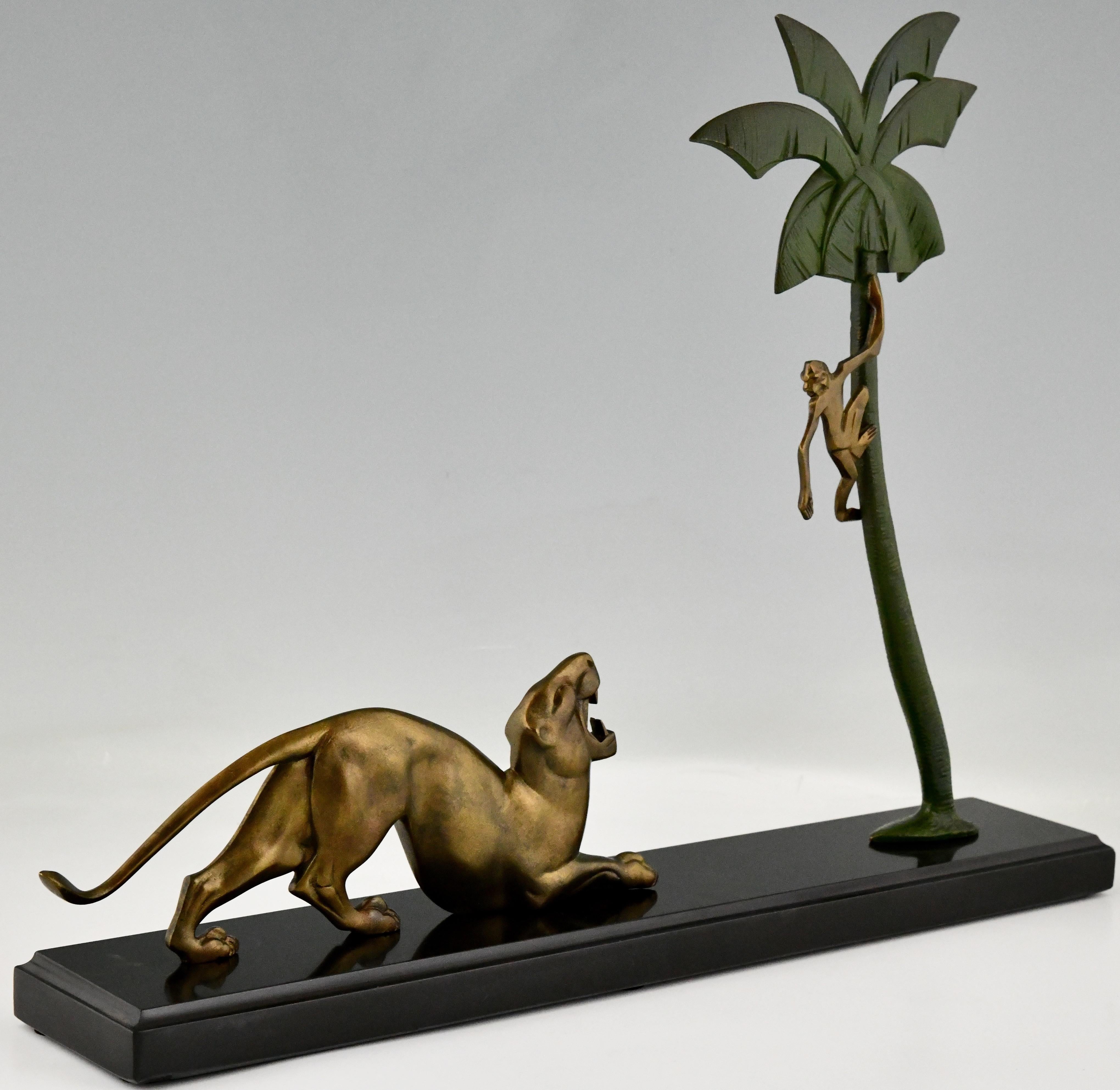 Mid-20th Century Art Deco Bronze Sculpture Panther and Monkey by Berjean, France, 1930