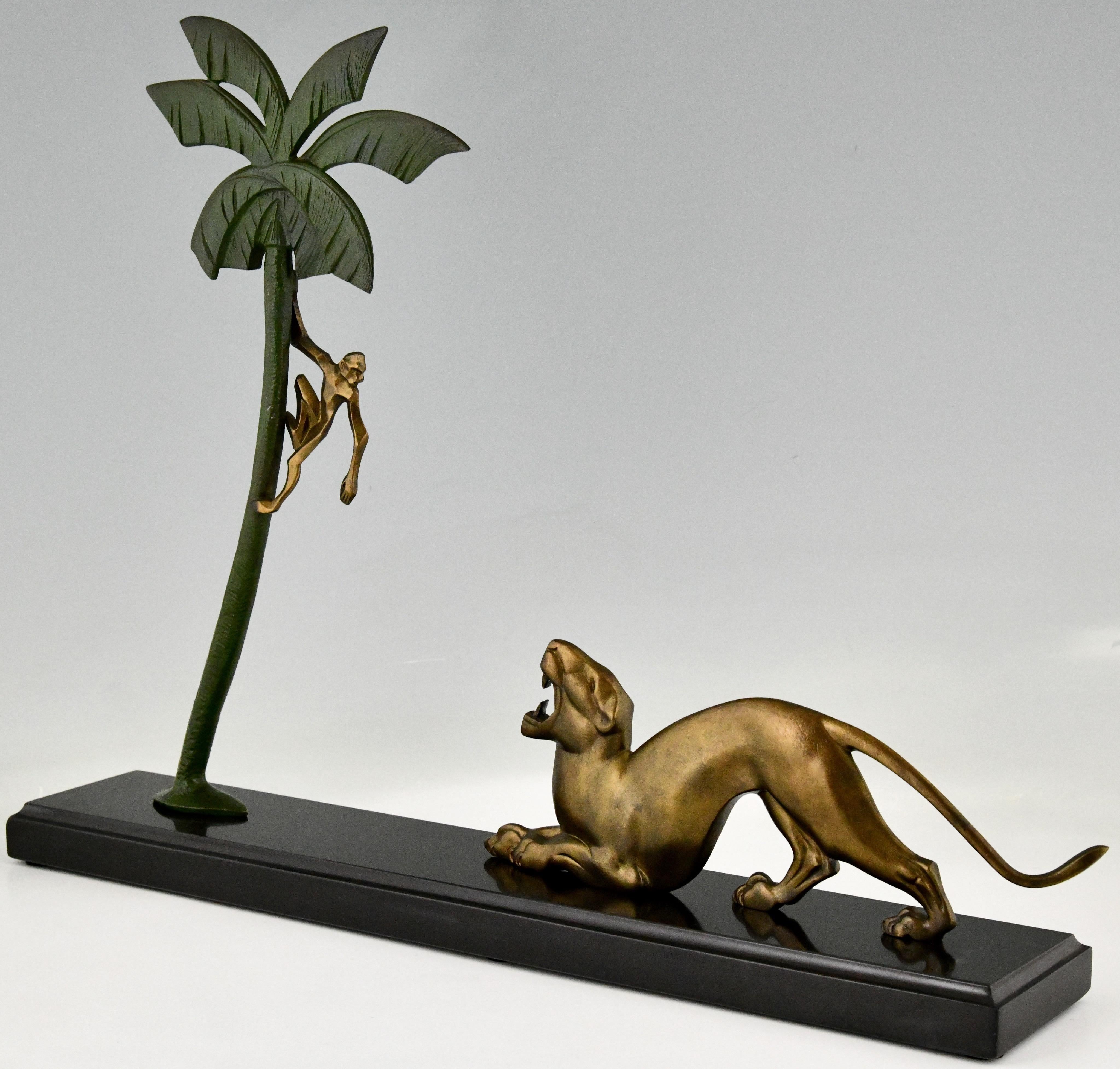 Art Deco Bronze Sculpture Panther and Monkey by Berjean, France, 1930 2