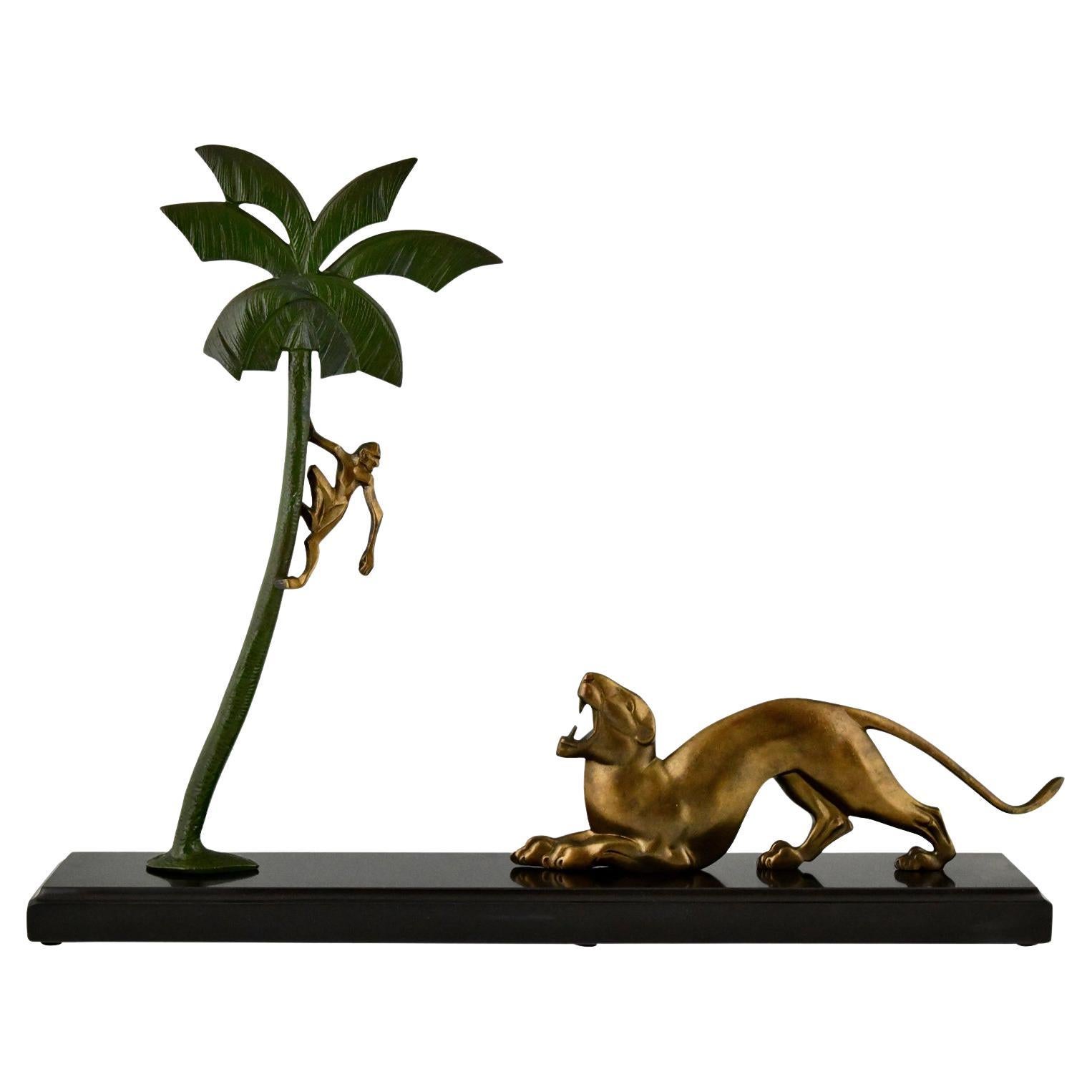 Art Deco Bronze Sculpture Panther and Monkey by Berjean, France, 1930
