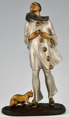 Art-Déco-Bronze-Skulptur Pierrot und Katze Robert Bousquet, Frankreich, 1915