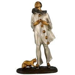 Art Deco Bronze Sculpture Pierrot and Cat Robert Bousquet, France, 1915