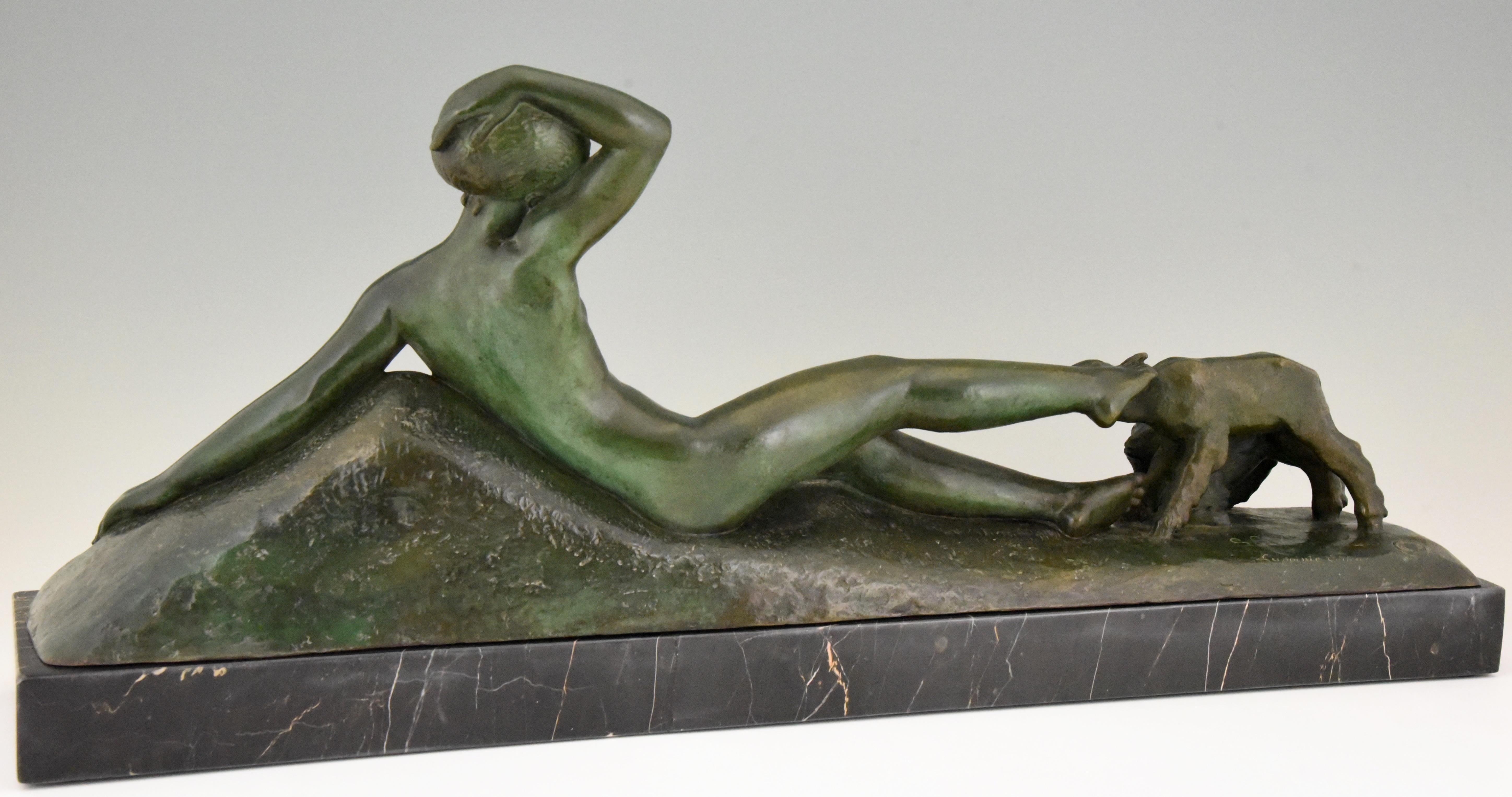 French Art Deco Bronze Sculpture Reclining Nude with Goats Georges Gori, France, 1930 For Sale