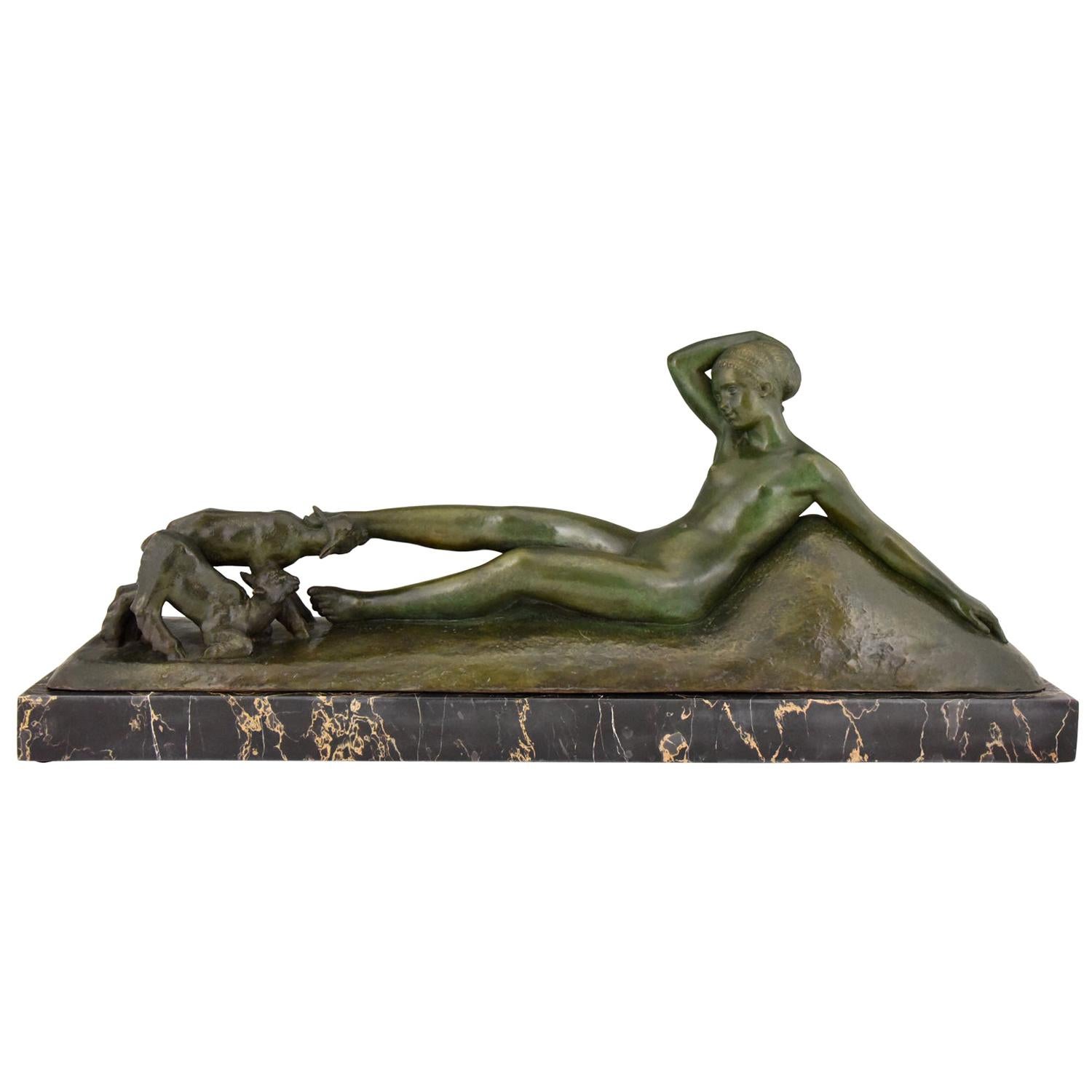 Art Deco Bronze Sculpture Reclining Nude with Goats Georges Gori, France, 1930