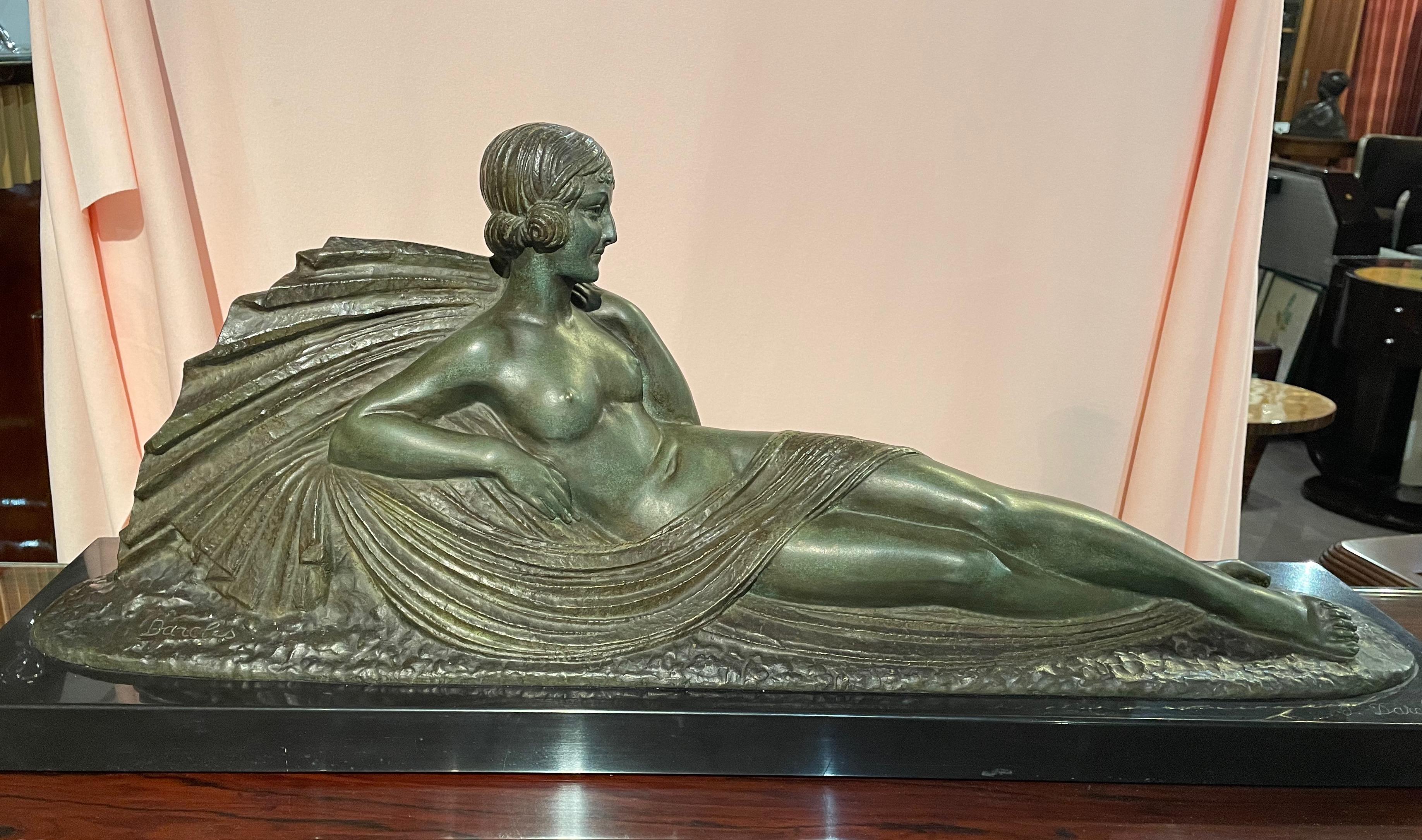 French Art Deco Bronze Sculpture Reclining Woman by Darcles For Sale