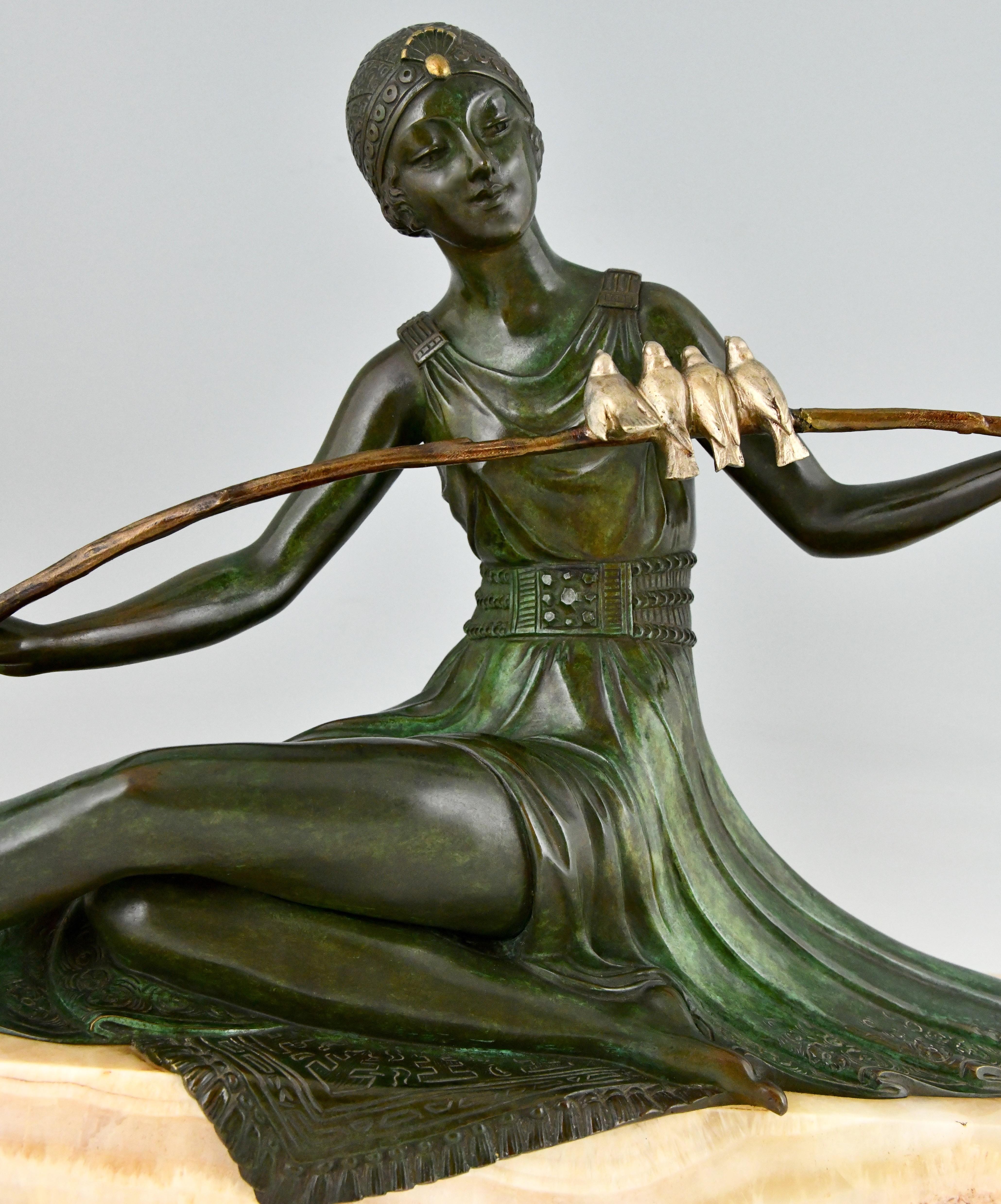 Art Deco Bronze Sculpture Seated Lady with Birds Joe Descomps, France, 1930 6