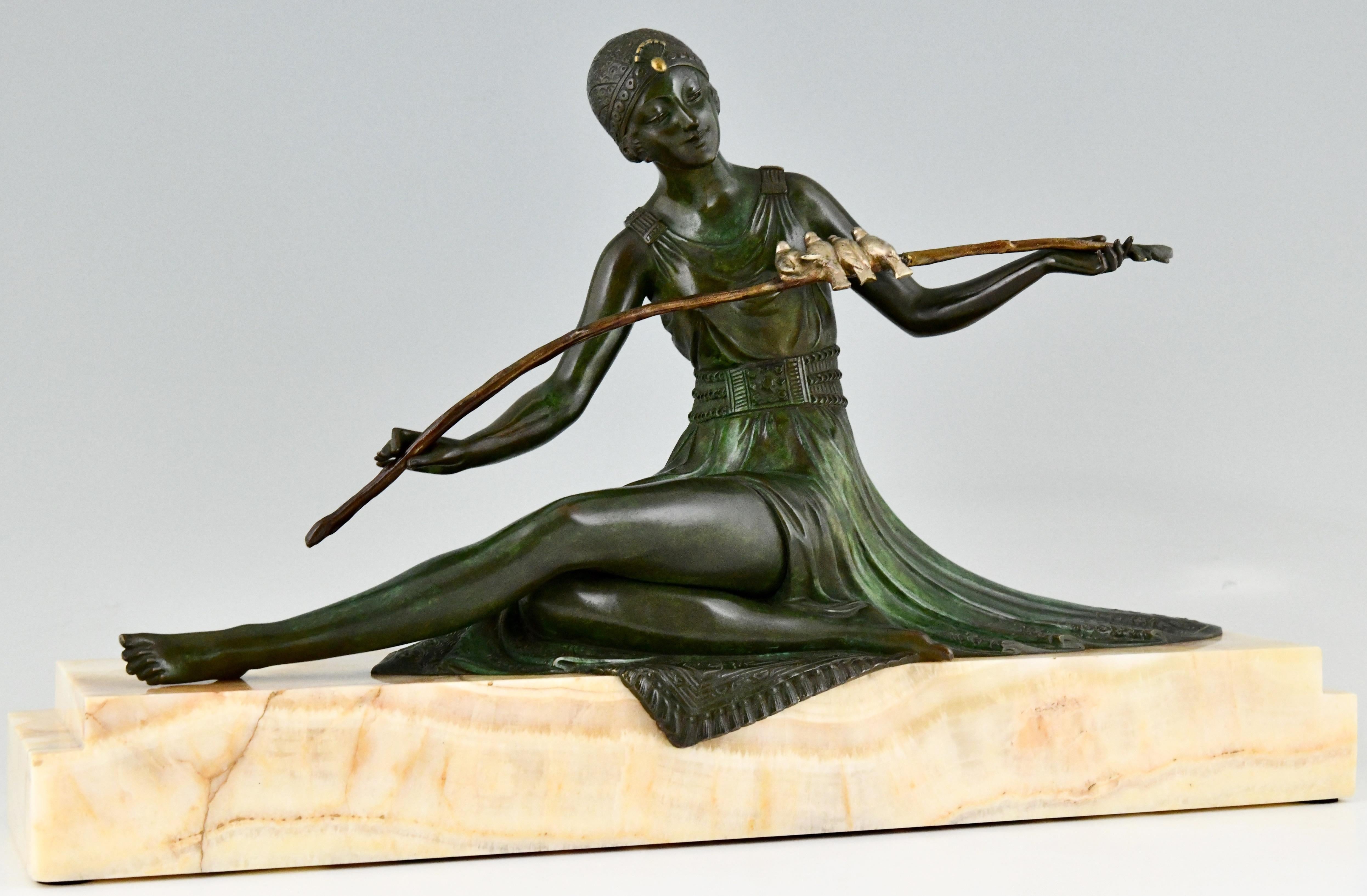 French Art Deco Bronze Sculpture Seated Lady with Birds Joe Descomps, France, 1930