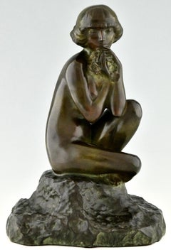 Art Deco Bronze Sculpture Seated Nude with Flowers by Real Del Sarte, 1920
