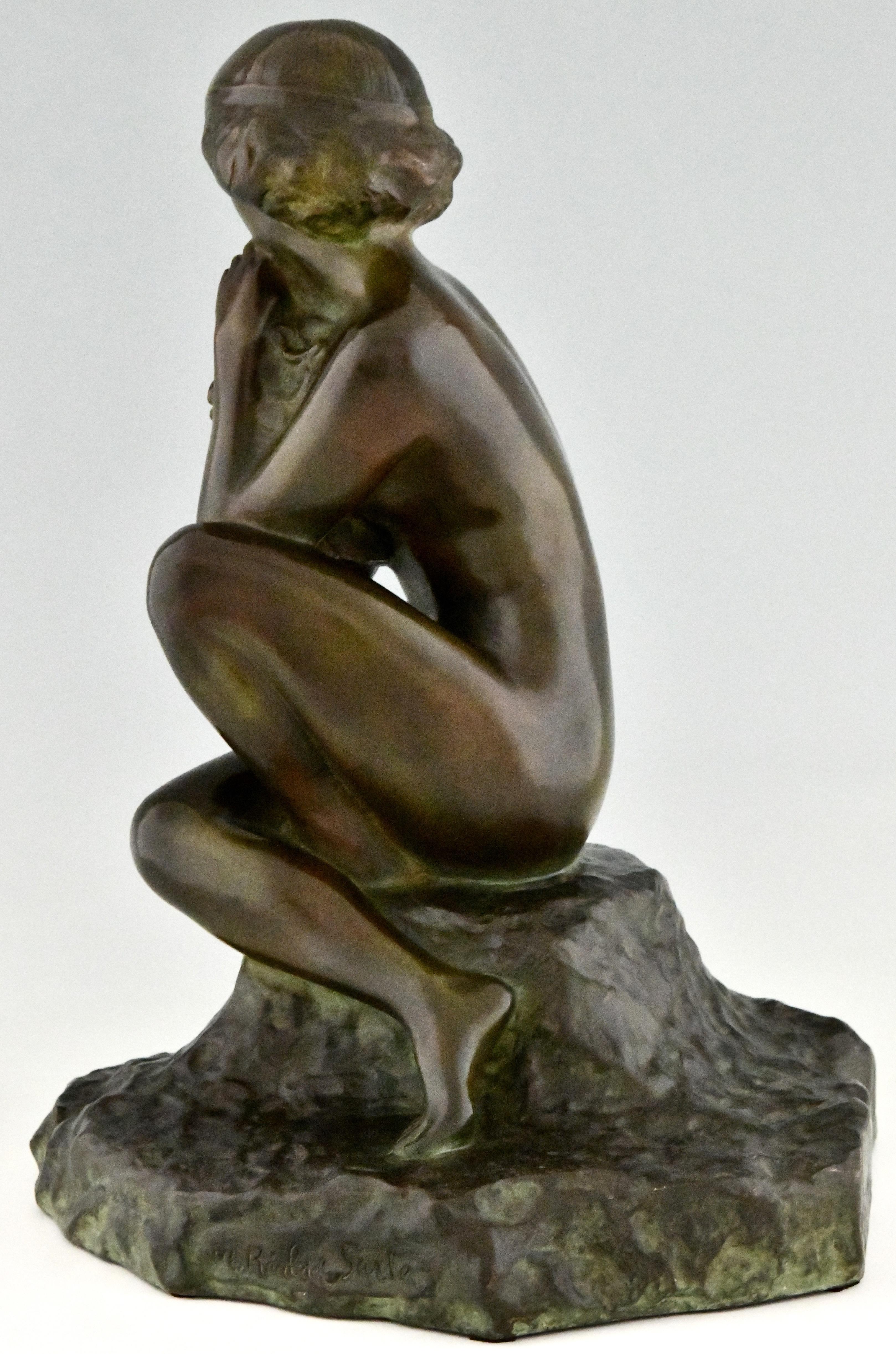 Early 20th Century Art Deco Bronze Sculpture Seated Nude with Flowers by Real Del Sarte, 1920 For Sale