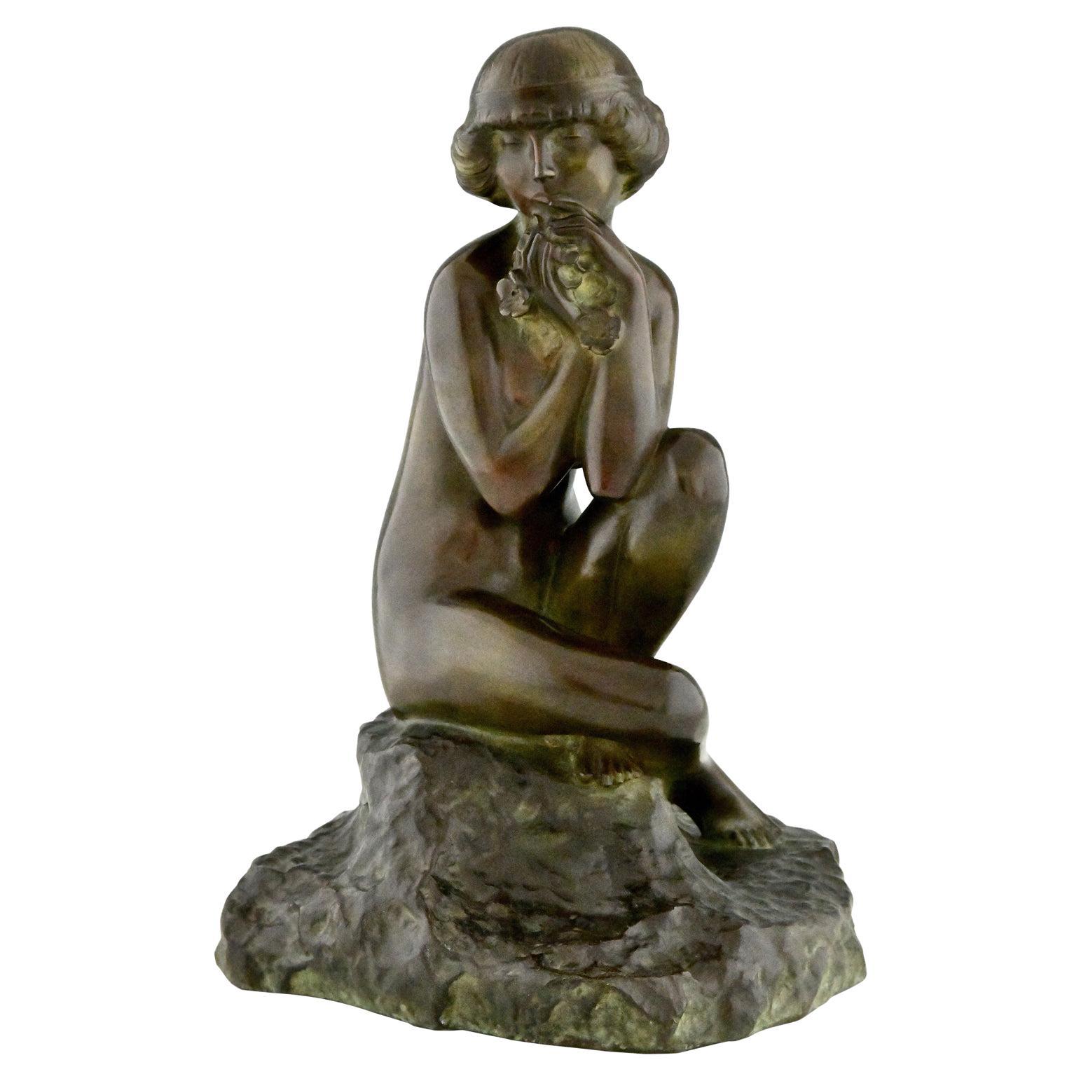 Art Deco Bronze Sculpture Seated Nude with Flowers by Real Del Sarte, 1920