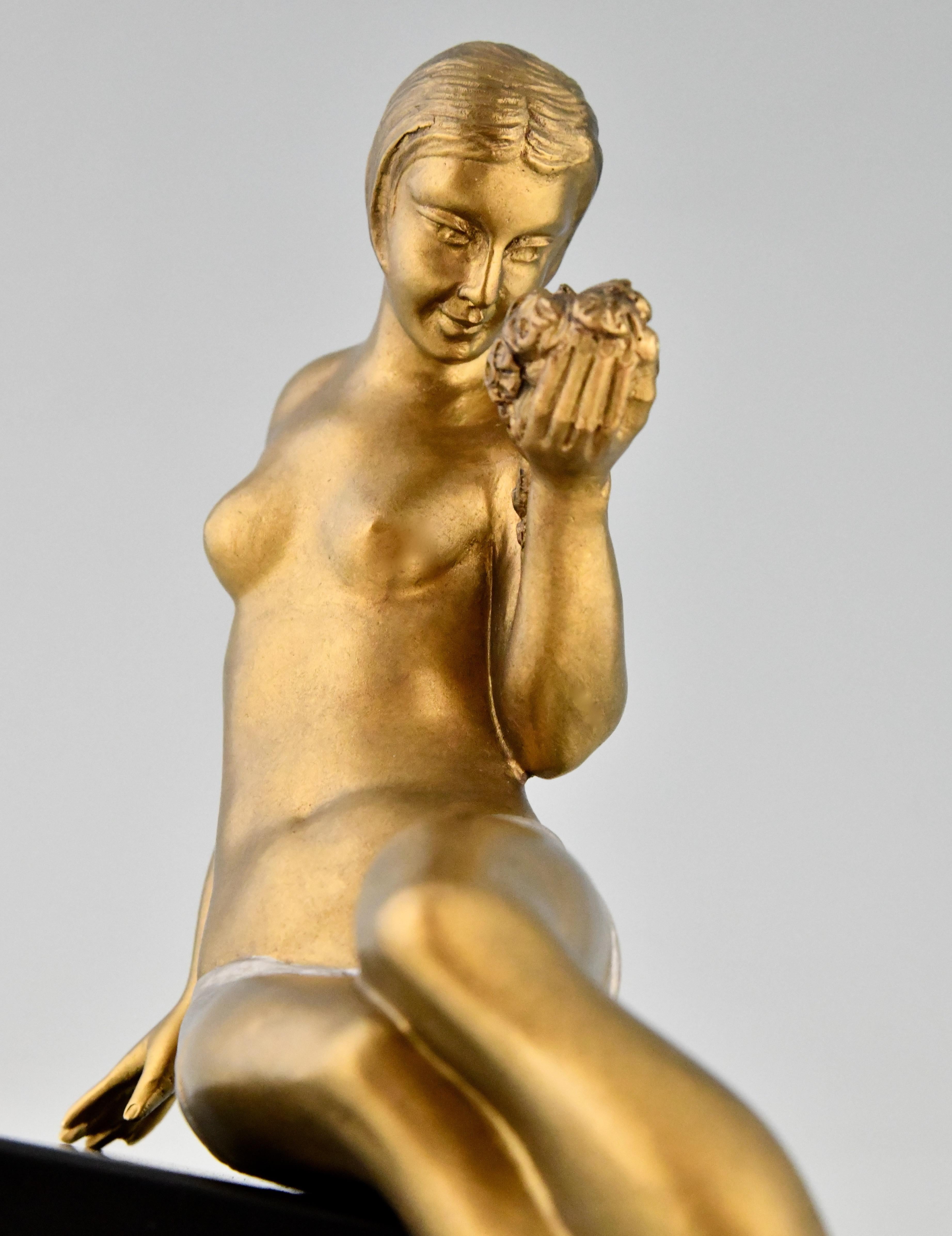 Art Deco Bronze Sculpture Seated Nude with Flowers Joseph Gauthier, France, 1930 5
